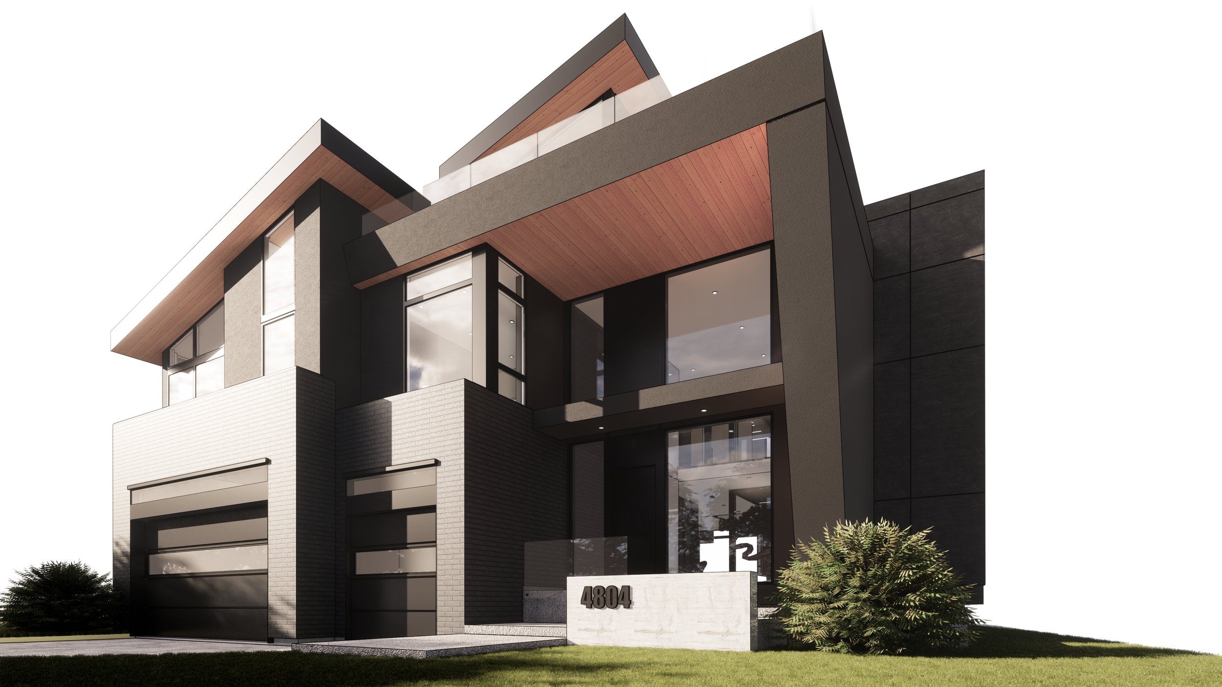 Modern multi-story house with black and gray exterior, large windows, and a landscaped front yard with grass and bushes.