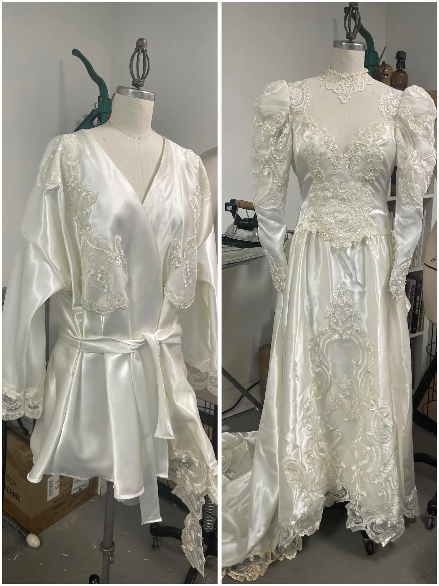 I love a big transformation, like making a robe from a wedding dress. A client came to me with a great idea: create a robe for her daughter out of her early 90s wedding gown. Her daughter will wear it while she prepares for her own wedding. I used mo