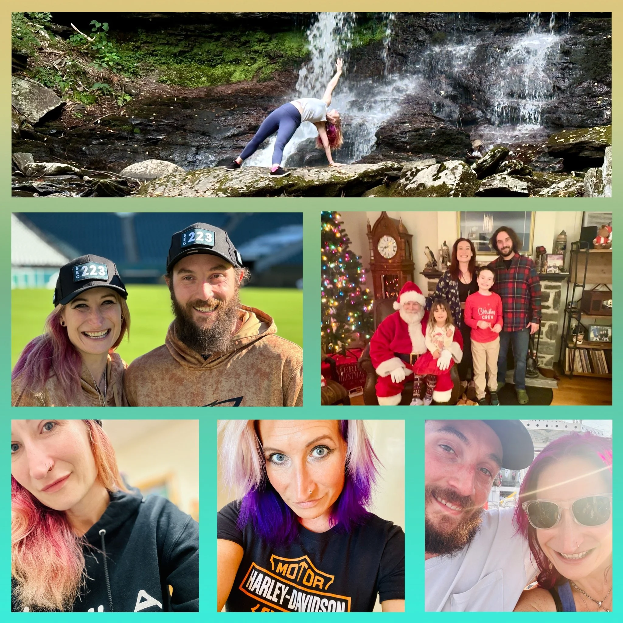 Collage of outdoor, portrait, and holiday family photos with a waterfall, field, and Christmas scene.
