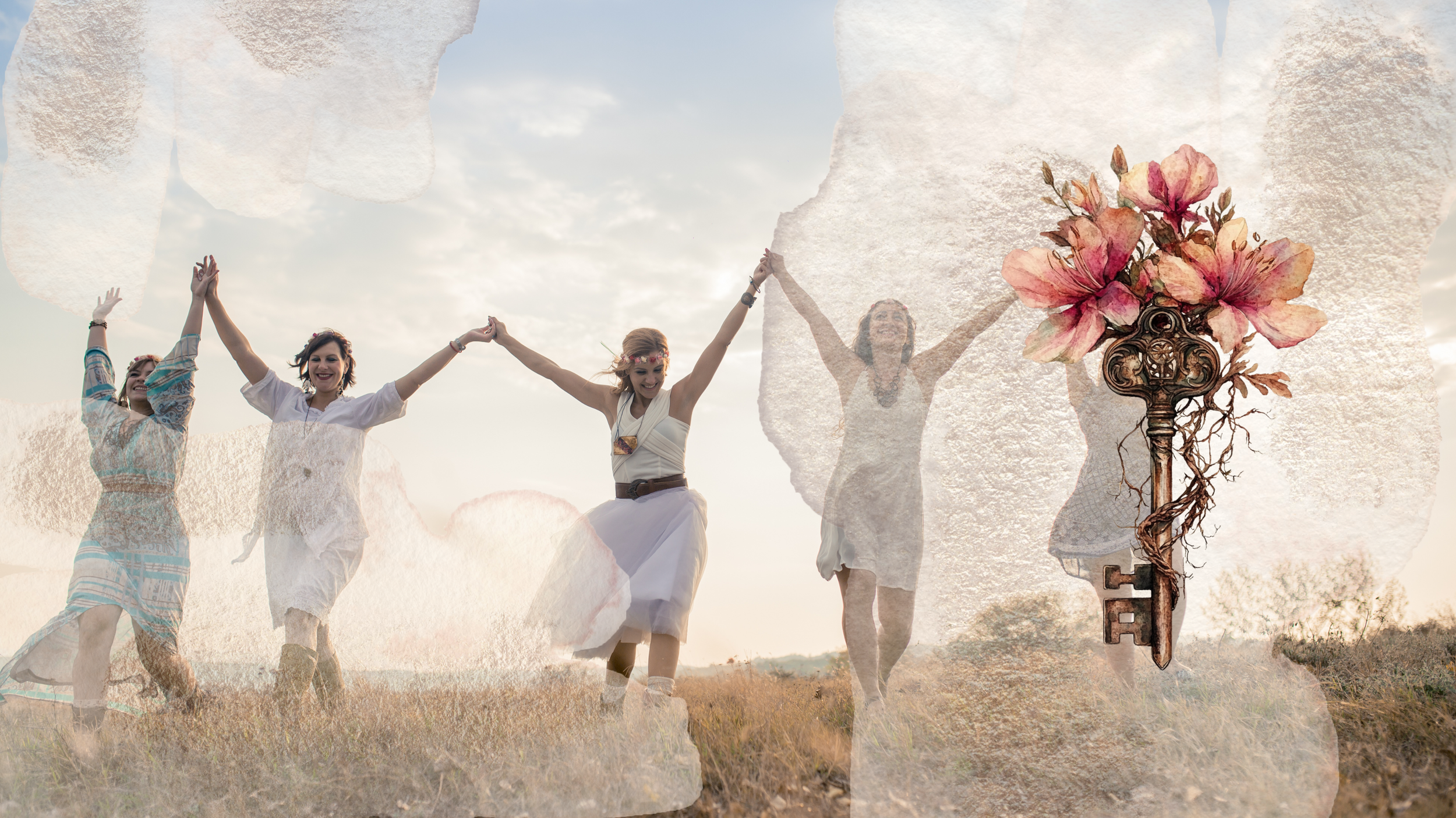 Four women in white dresses holding hands and dancing outdoors at sunset, with a vintage key decorated with pink flowers overlaid on the image.