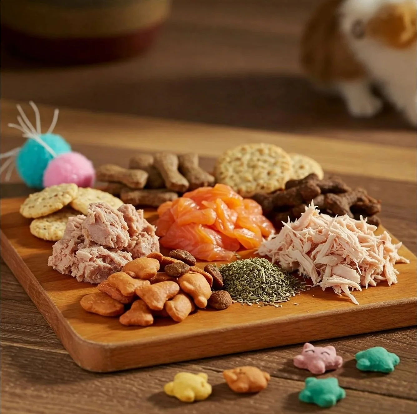 Gourmet cat charcuterie board featuring cat-safe treats and fresh snacks.