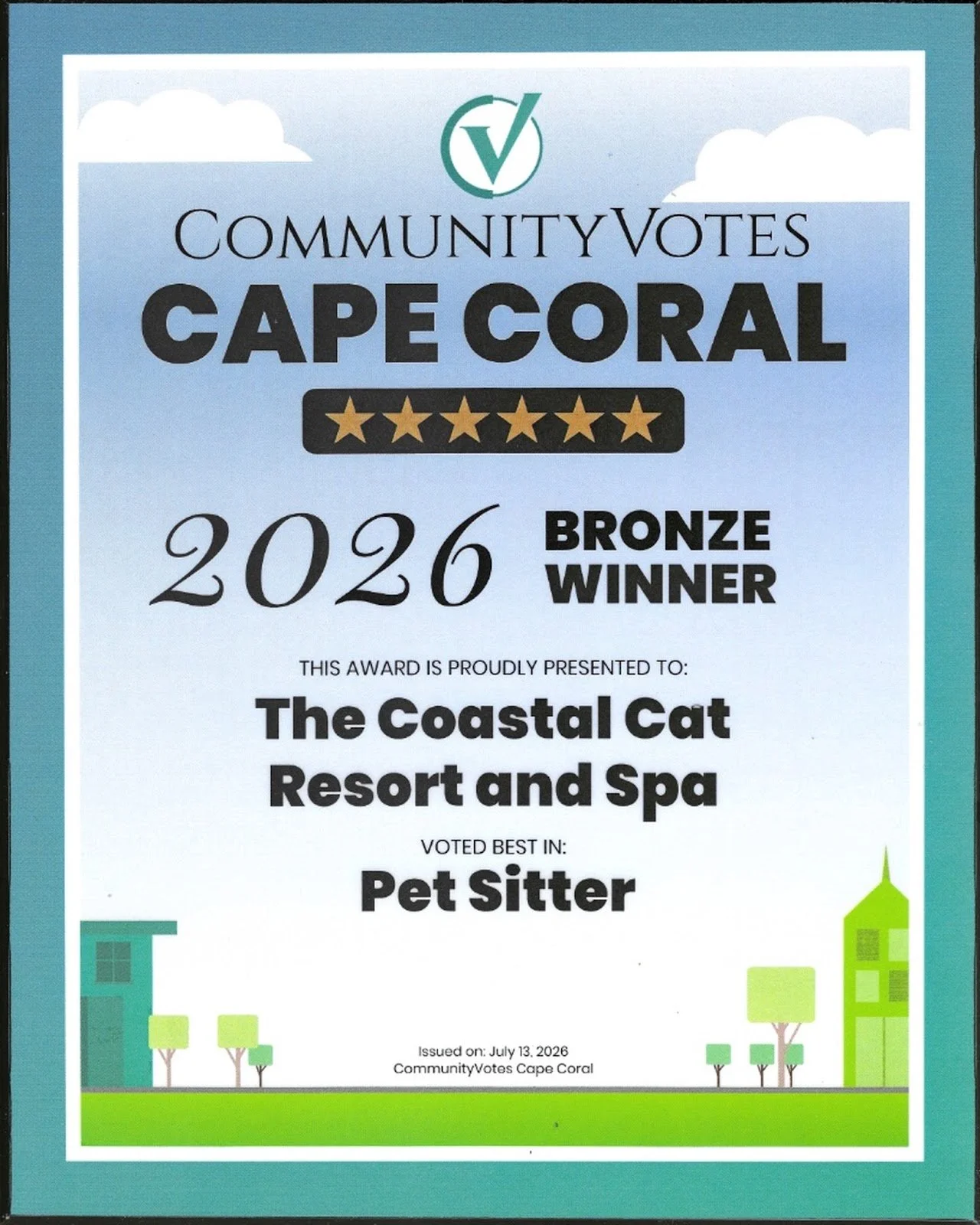 An award certificate with a blue sky background, clouds, and a cityscape of green buildings at the bottom. The certificate recognizes CommunityVotes Cape Coral 2026 Bronze Winner for pet sitting.