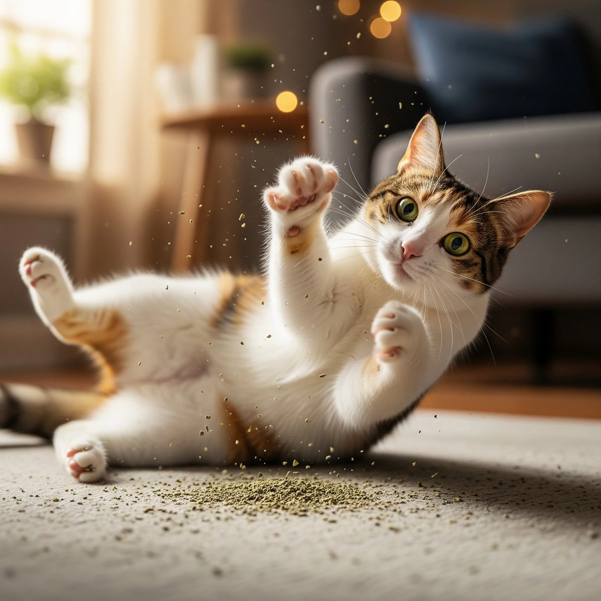 Boarding cat enjoying a fun catnip party session at The Coastal Cat Resort.