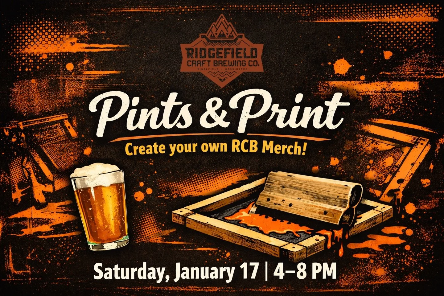 Pints &amp; Print &mdash; a night where the taproom turns into a screen-printing playground.

We&rsquo;re teaming up with Double Barrel Print to create custom Ridgefield Craft Brewing merch on the spot, including:

🖤 screen-printed
&bull; hoodies
&b