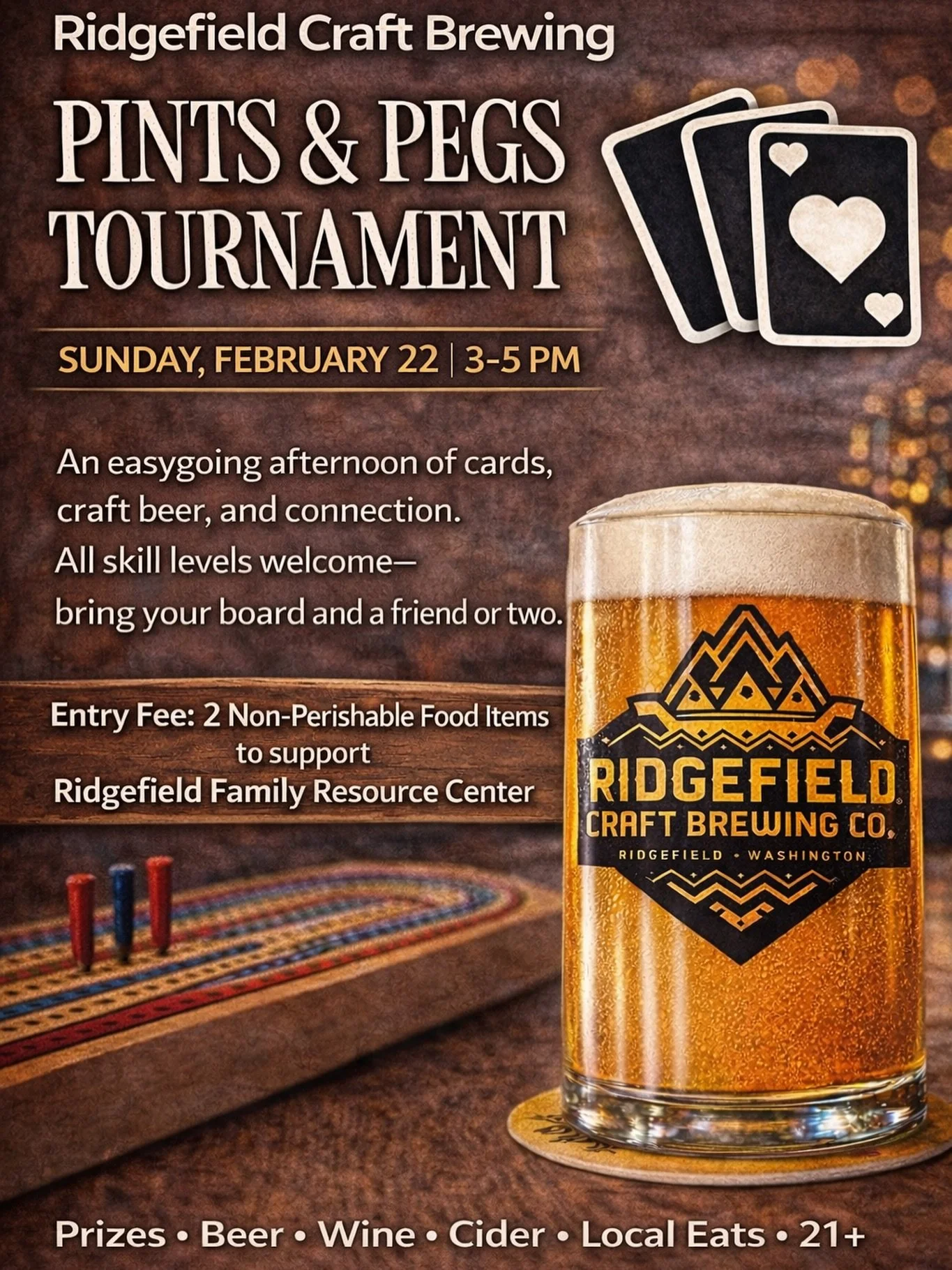𝐏𝐢𝐧𝐭𝐬 &amp; 𝐏𝐞𝐠𝐬 is drop-in, open cribbage play every other Sunday from 𝟑&ndash;𝟓 𝐏𝐌. No experience required.

Yes&mdash;even on Super Bowl Sunday. While the game&rsquo;s on, we&rsquo;ll still be making space for cards, conversation, and