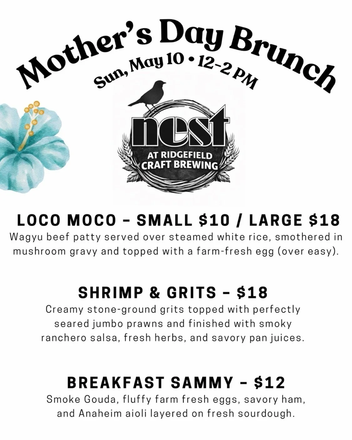 Brunch, but make it chill 🤍🌷

No lines, no chaos&mdash;just really good food, indoor &amp; outdoor seating,
and a cold beer if Mom&rsquo;s into that 🍺

Mother&rsquo;s Day Specials &bull; 12&ndash;2
Full menu available all day &bull; 12&ndash;8
No 