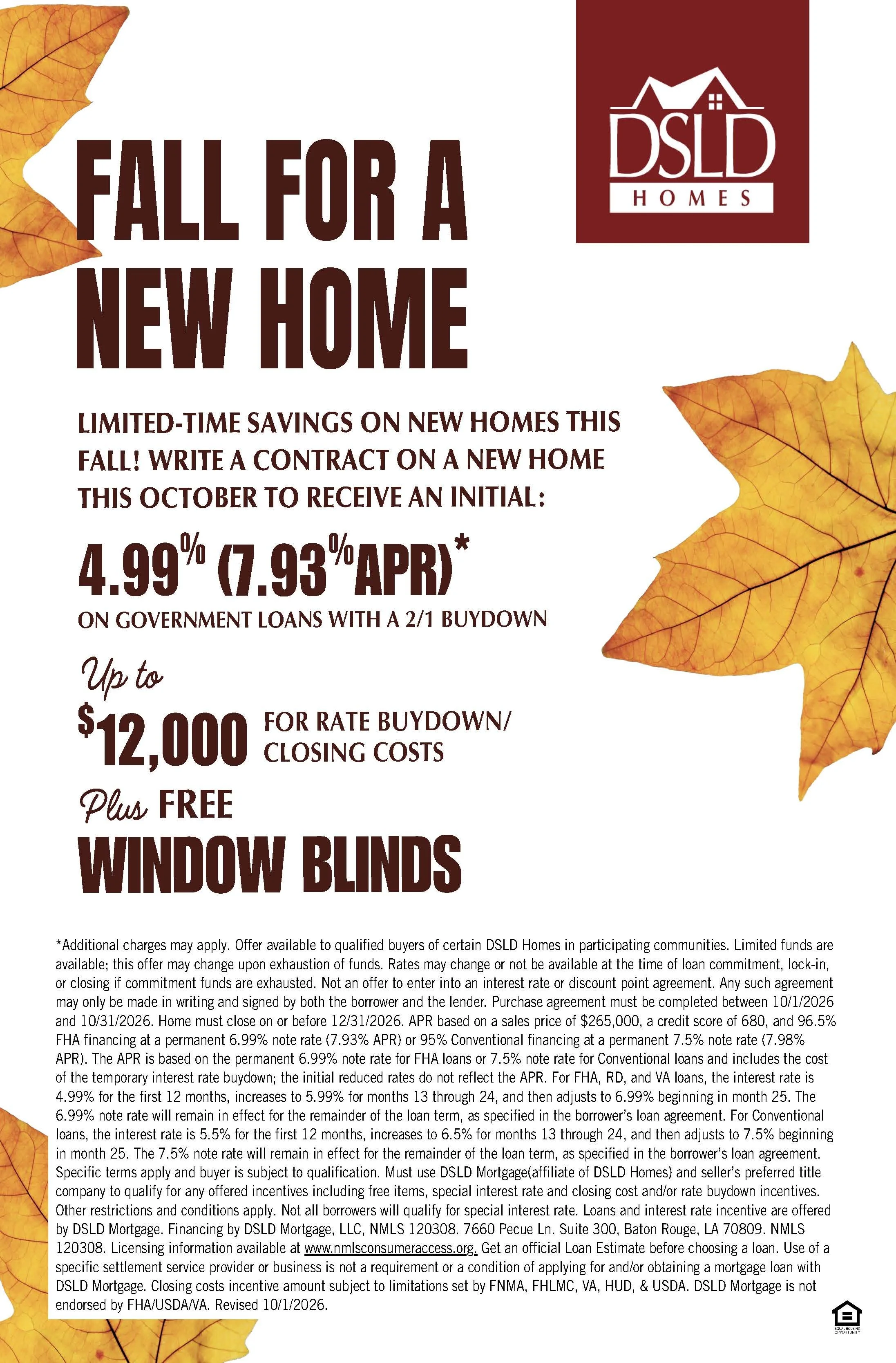 DSLD Homes October 2026 Incentives