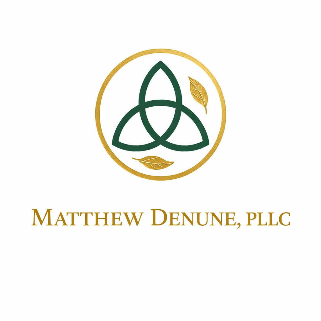 Logo with a Celtic knot and two gold leaves, surrounded by a gold circle, and the words "Matthew Denune, PLLC" in gold below.