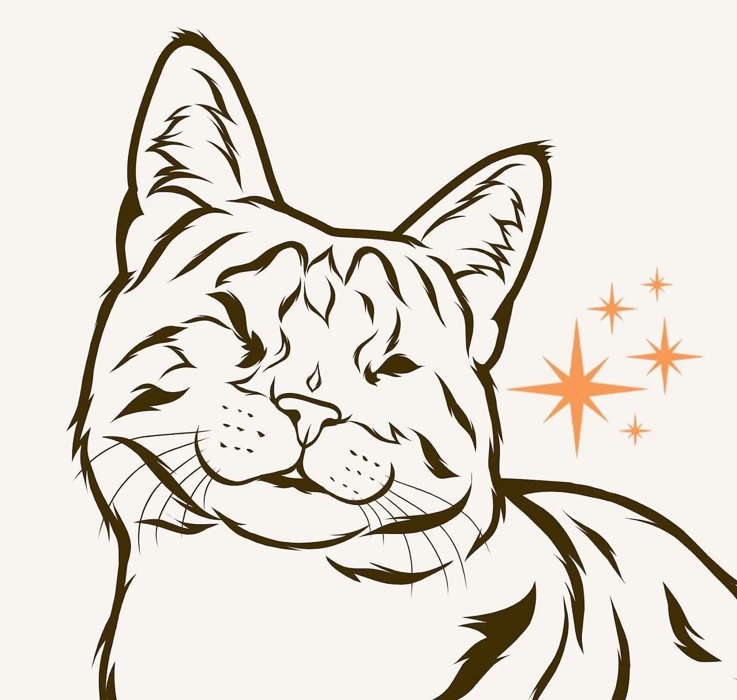 Line drawing of a happy cat with closed eyes, featuring detailed fur outlines and whiskers, accompanied by orange star-like sparkles on the right side.