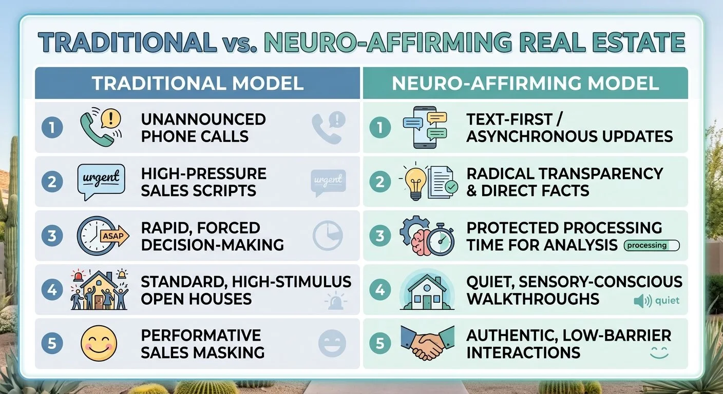 Comparison of traditional vs. neuro-affirming real estate practices, listing characteristics for each model with icons and text.