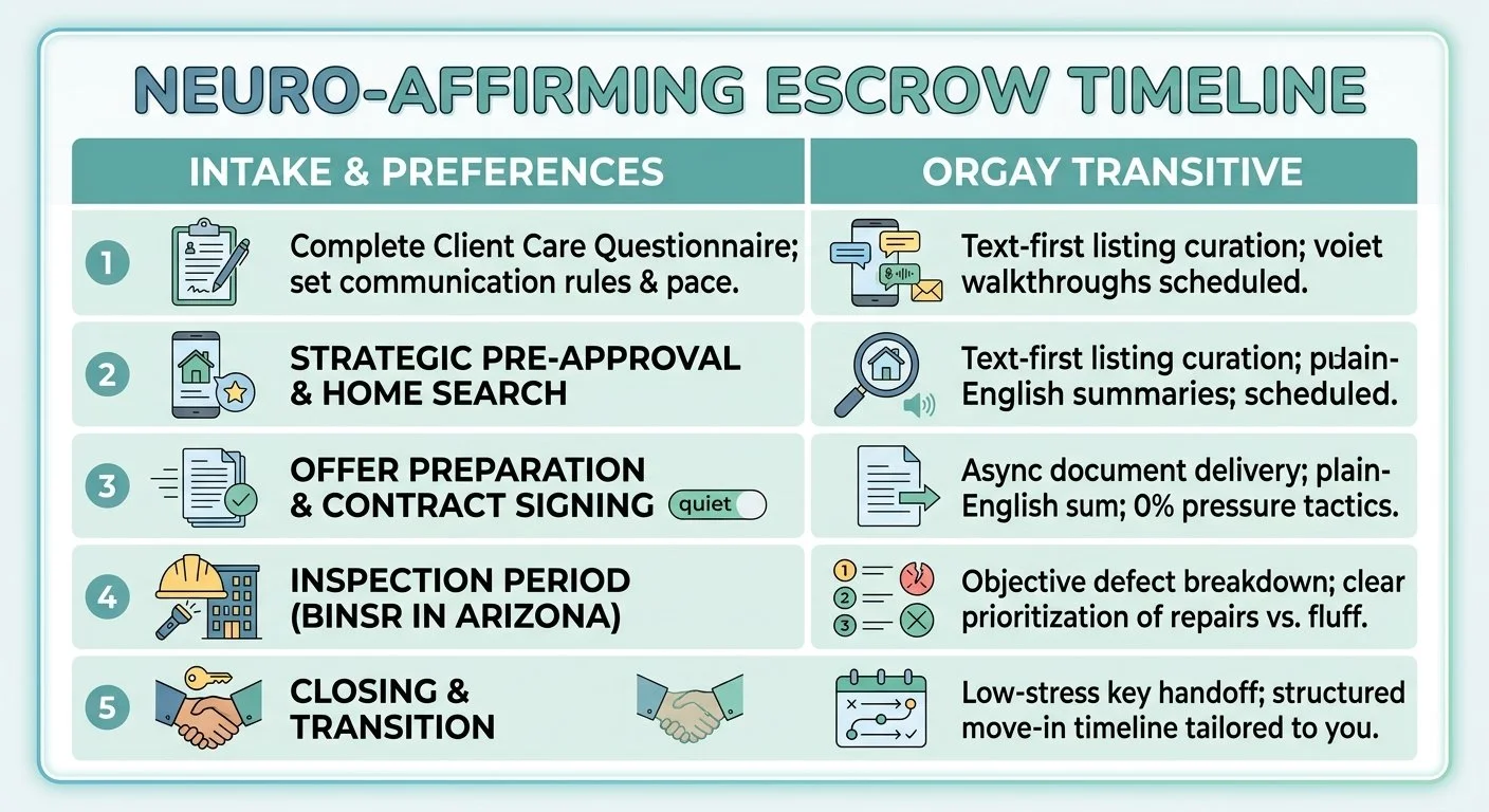Neuro-affirming escrow timeline infographic with five steps: Client questionnaire, home search, offer and contract signing, inspection in Arizona, and closing. Each step includes specific actions and transitive communication methods.