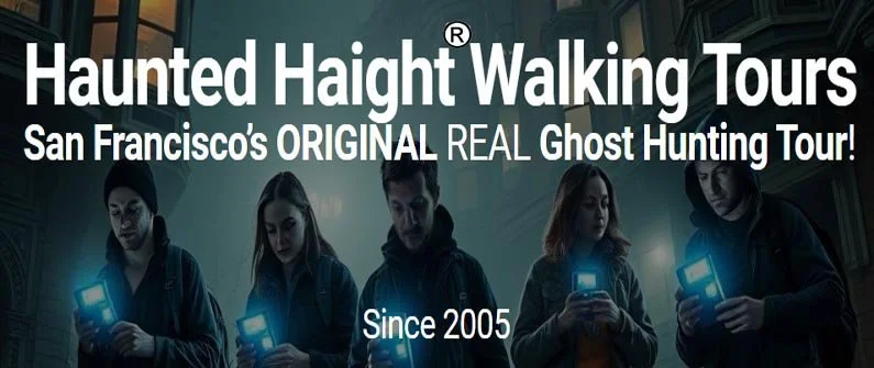 A group of four people holding EMF readers and the logo reads aunted Haight Walking Tour - San Francisco's Original Real Ghost Hunting Tour. Since 2005.