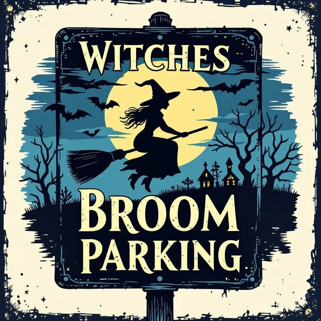 A spooky sign reading 'Witches Broom Parking' with a silhouette of a witch flying on a broomstick in front of a full moon, surrounded by bats, leafless trees, and haunted houses.