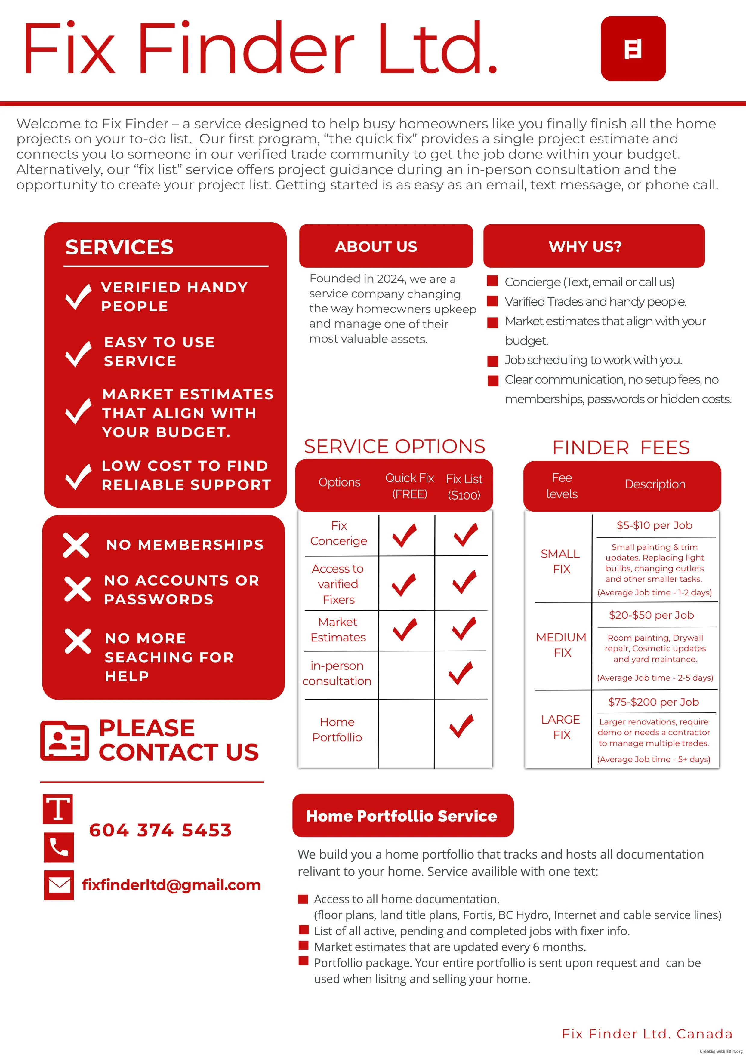 Flyer for Fix Finder Ltd., a home improvement service company. Features sections on services offered, about the company, reasons to choose them, and contact information. Highlights include verified handyman services, easy-to-use service options, market estimates, no memberships, and no passwords needed. Service options include quick fix and fix list packages. Contact details include phone number and email.