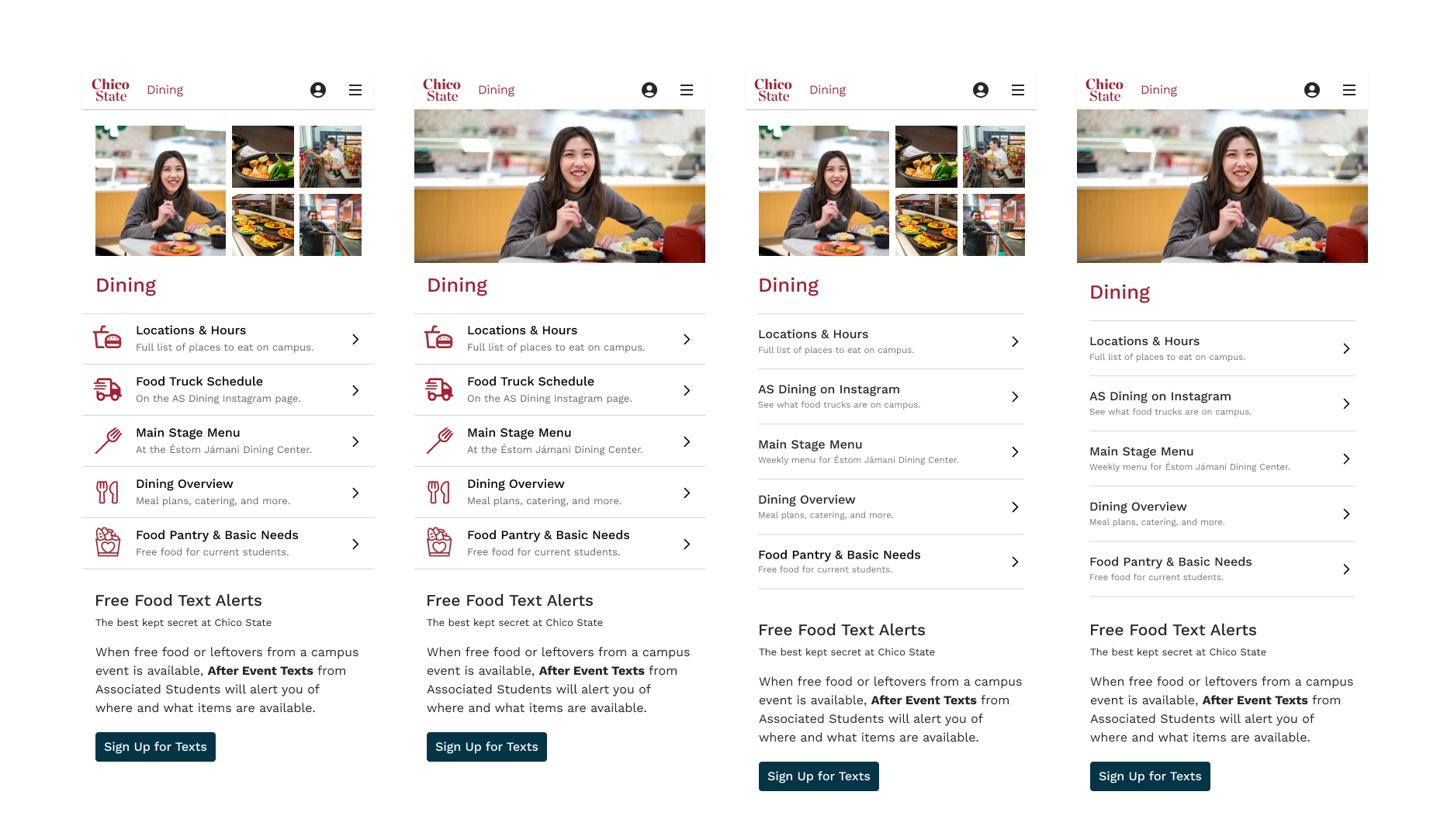 Four different iterations for campus dining mobile app screen.
