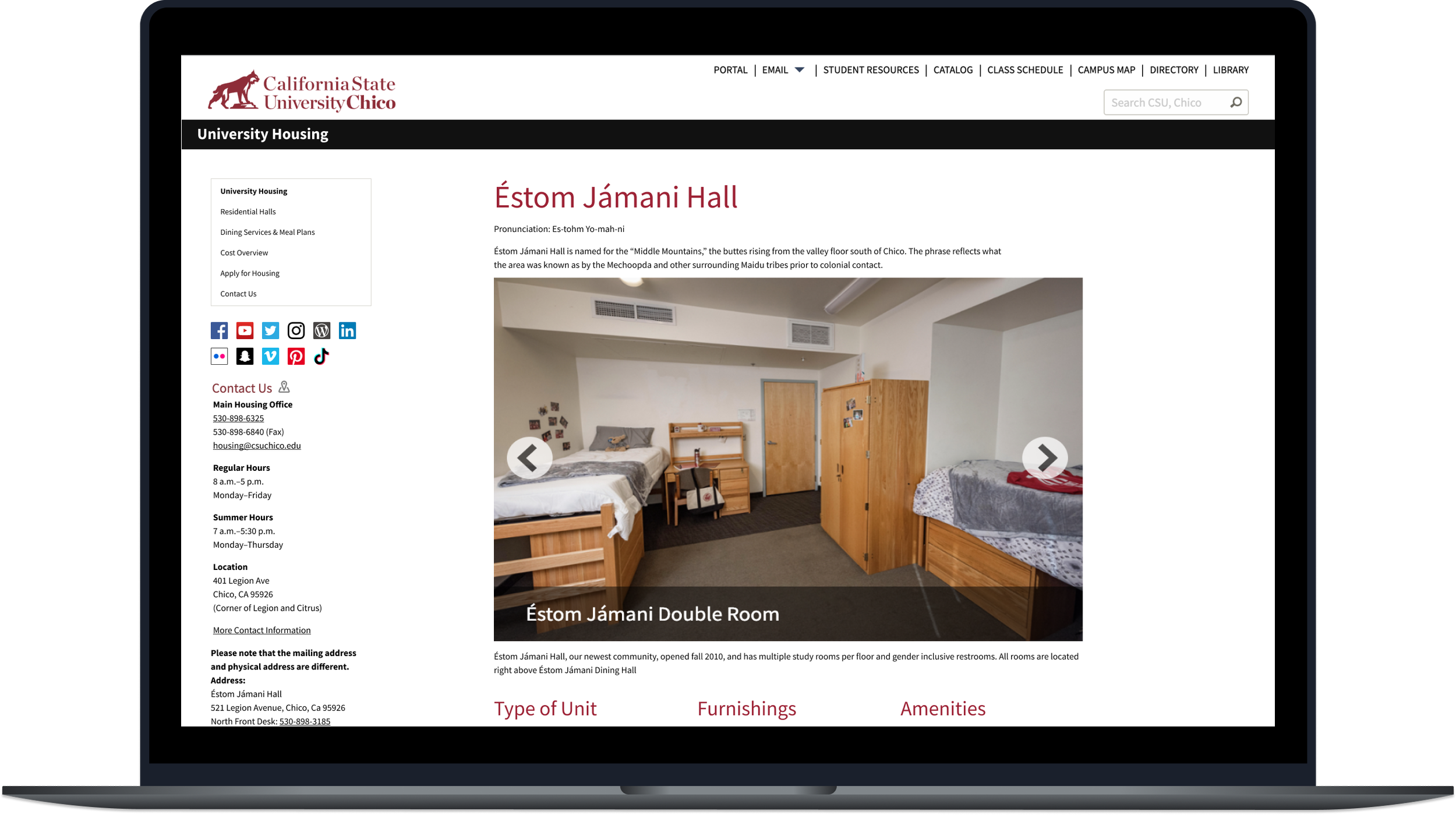 A laptop displaying the redesigned Chico State Housing website with streamlined content and clear navigation.