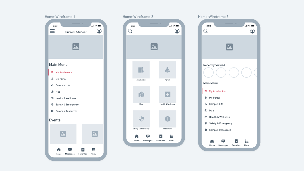 Low-fidelity wireframes that outline mobile screens for a university application.