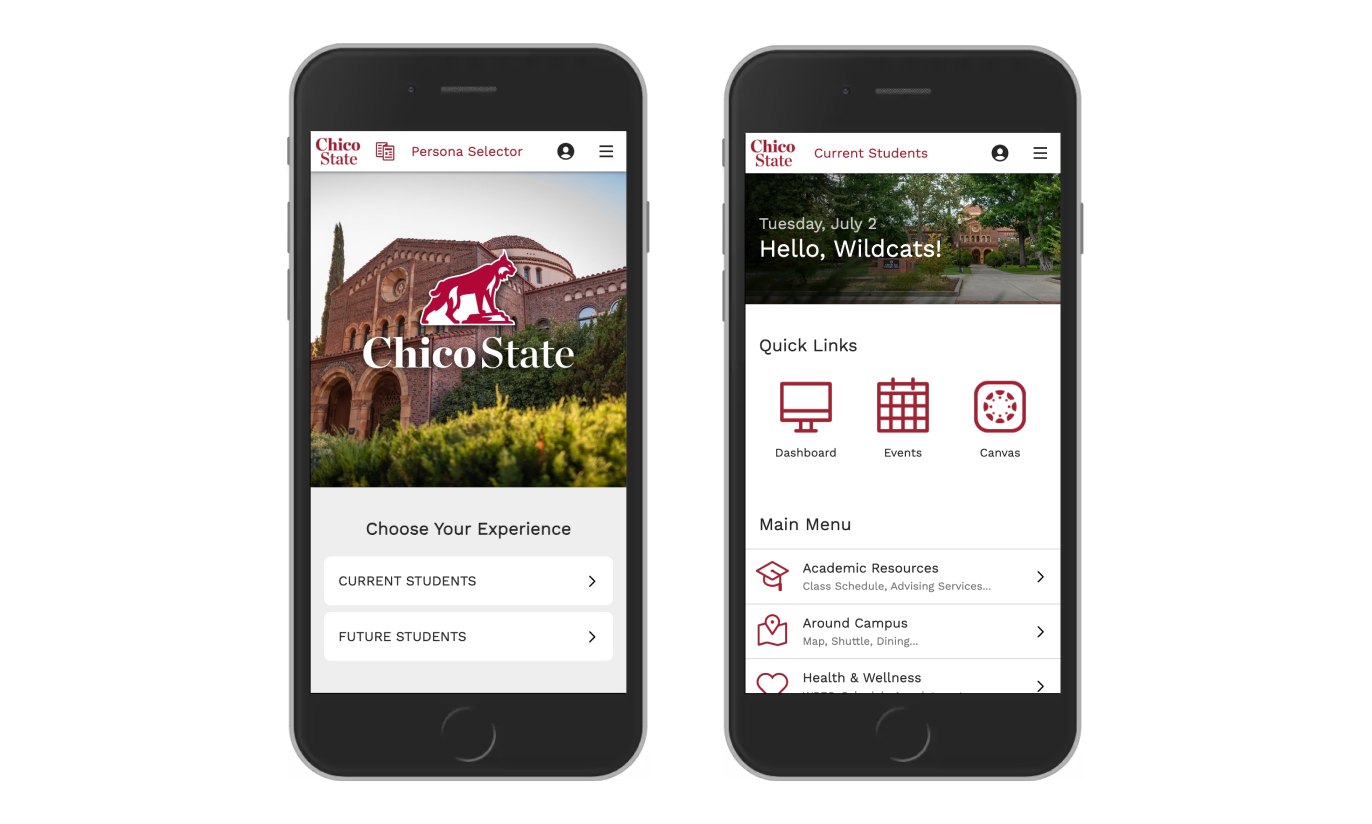 Two mobile screens displaying the Chico State app. 