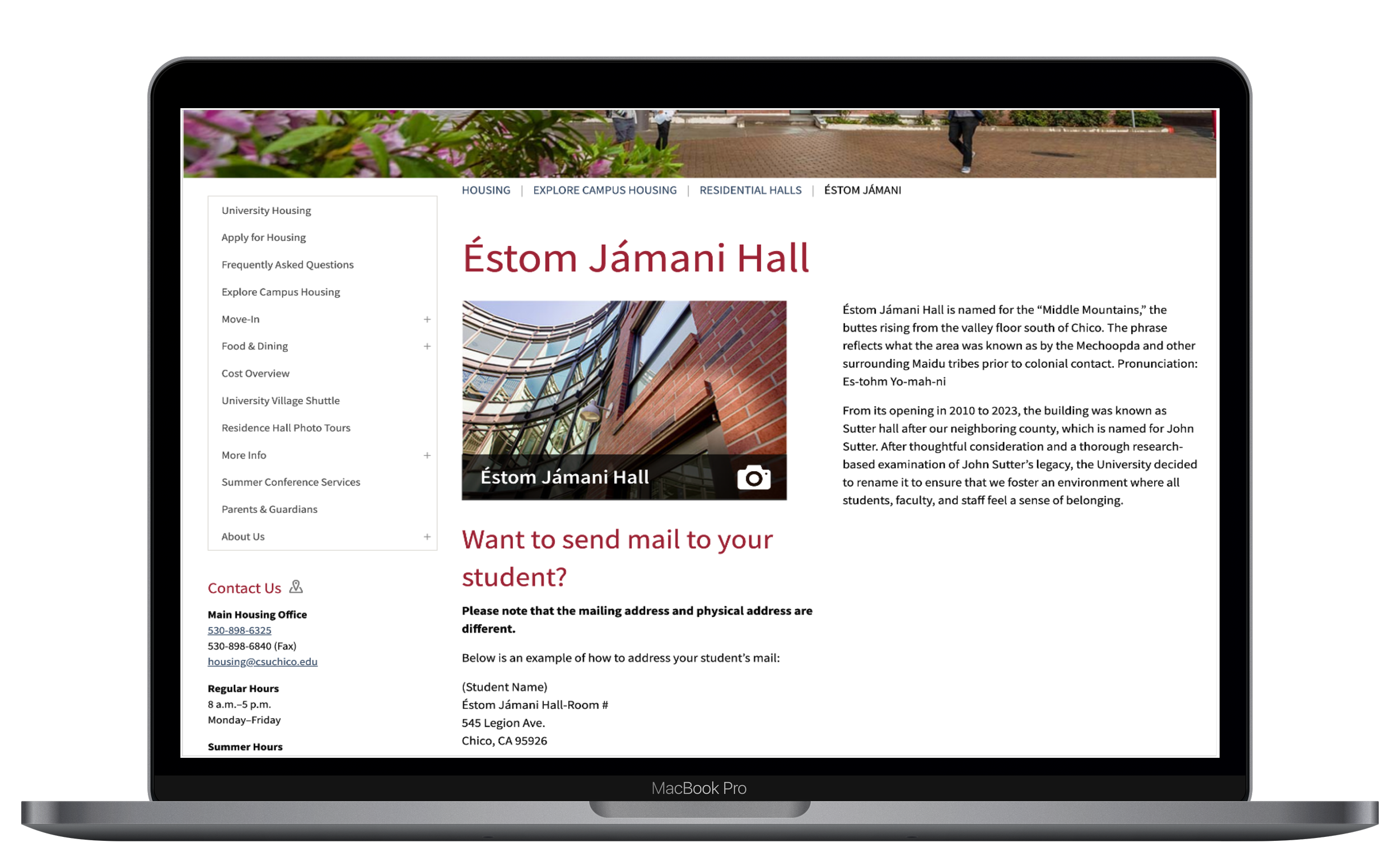 A laptop displaying the original Chico State Housing website with cluttered navigation and overwhelming content.