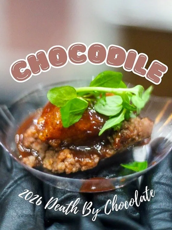 The Chocodile

Fried Florida Gator |  Cocoa Chili Glaze |  Chocolate Coconut Grits 

What a great year at Death by Chocolate! Some pictures of our entry for 2026- y&rsquo;all showed our booth SO MUCH LOVE! We just adored seeing everyone! 

Thank you 