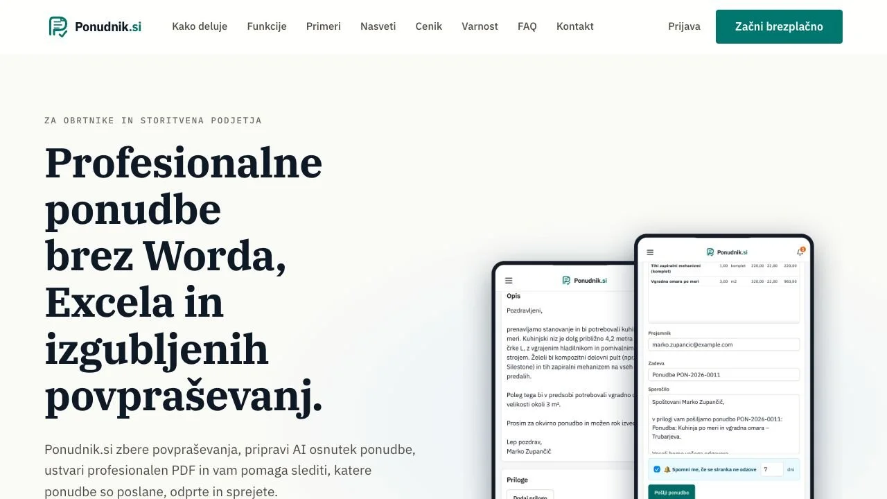 Domača stran Ponudnik.si s predstavitvijo priprave profesionalnih ponudb in spremljanja povpraševanj