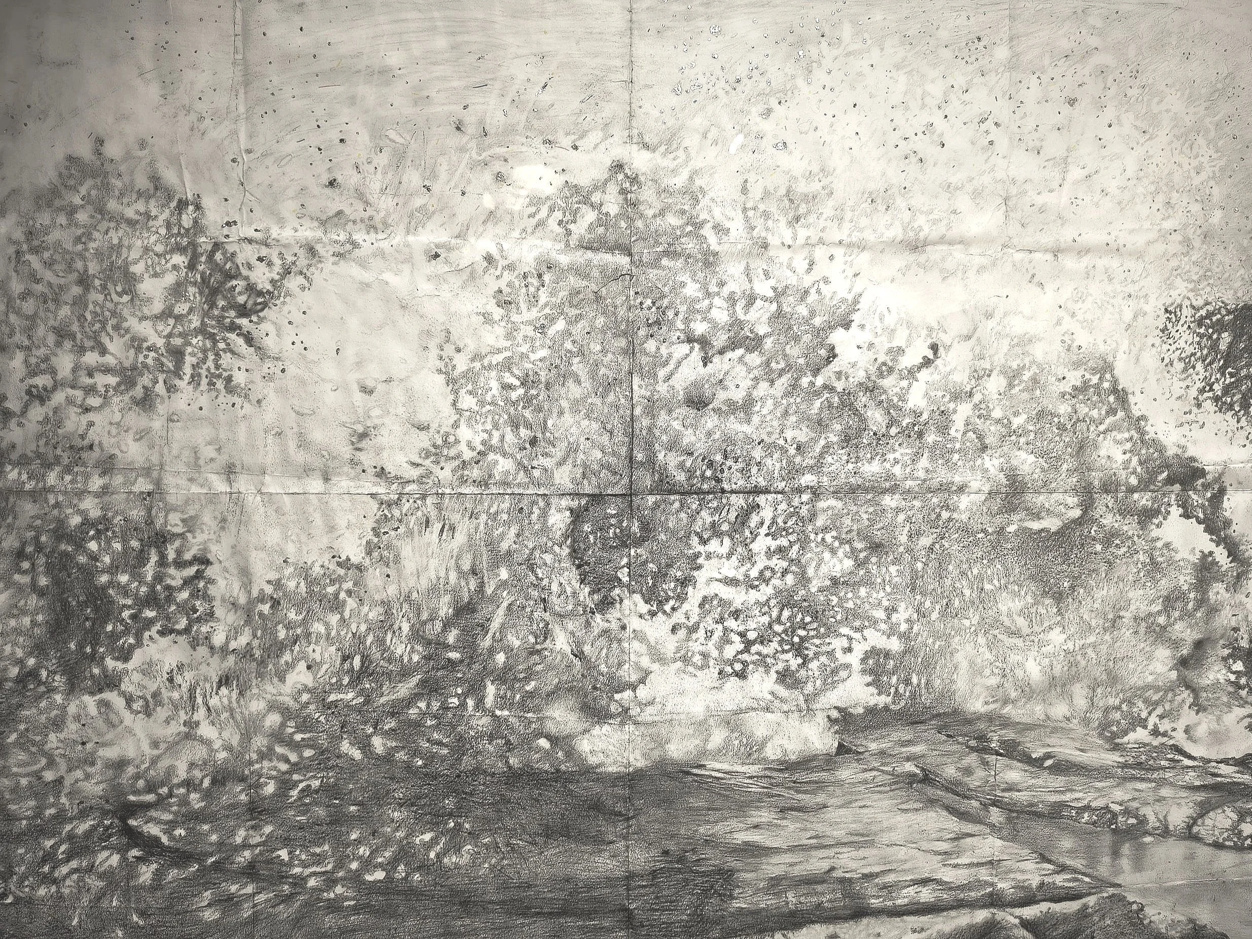 A drawing titled "Atlantische Welle", 150 x 115 cm.  Graphite pencil, silver foil on paper Fabriano 260 gr.