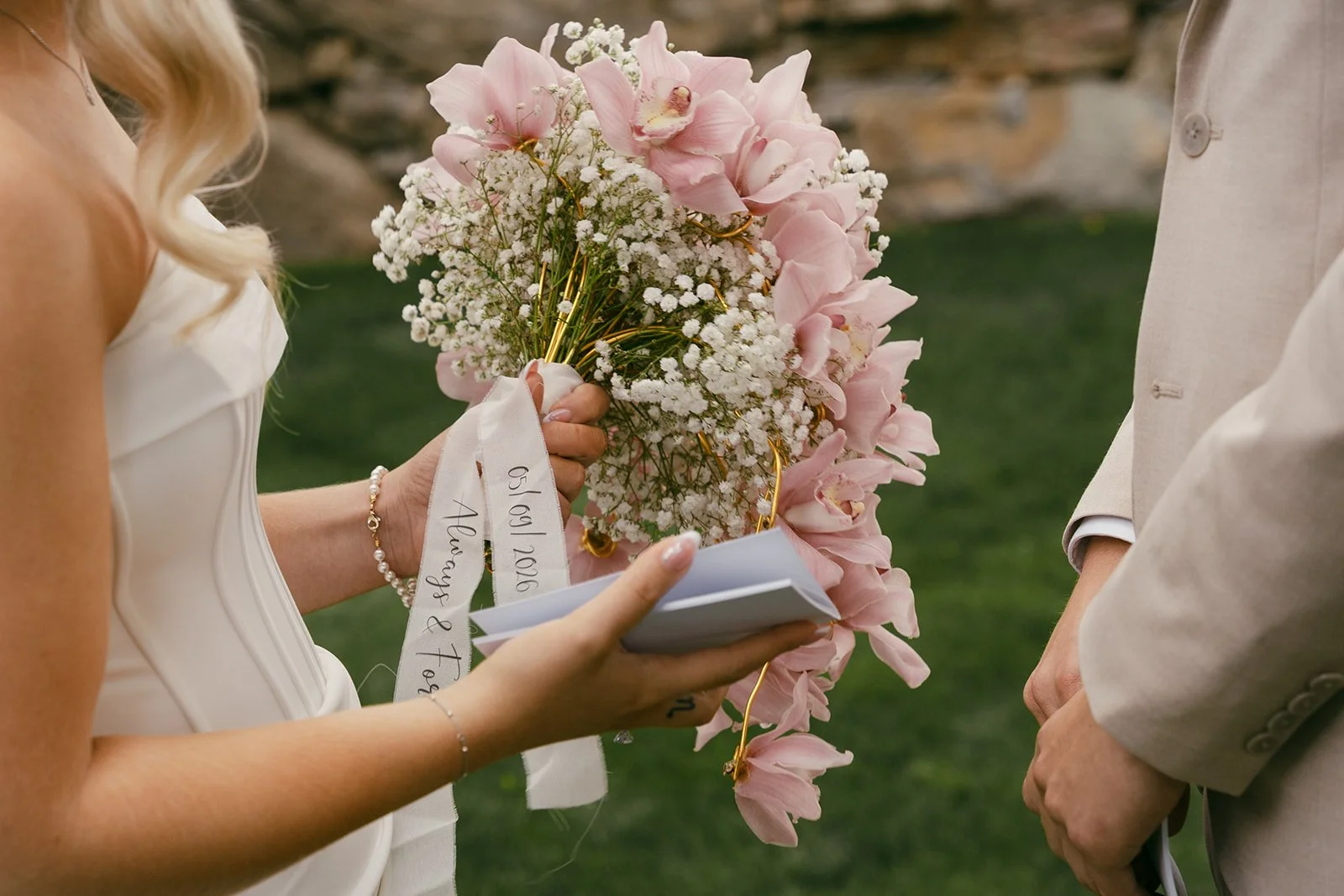 Close-up of a bridal bouquet recreated from her mother's original