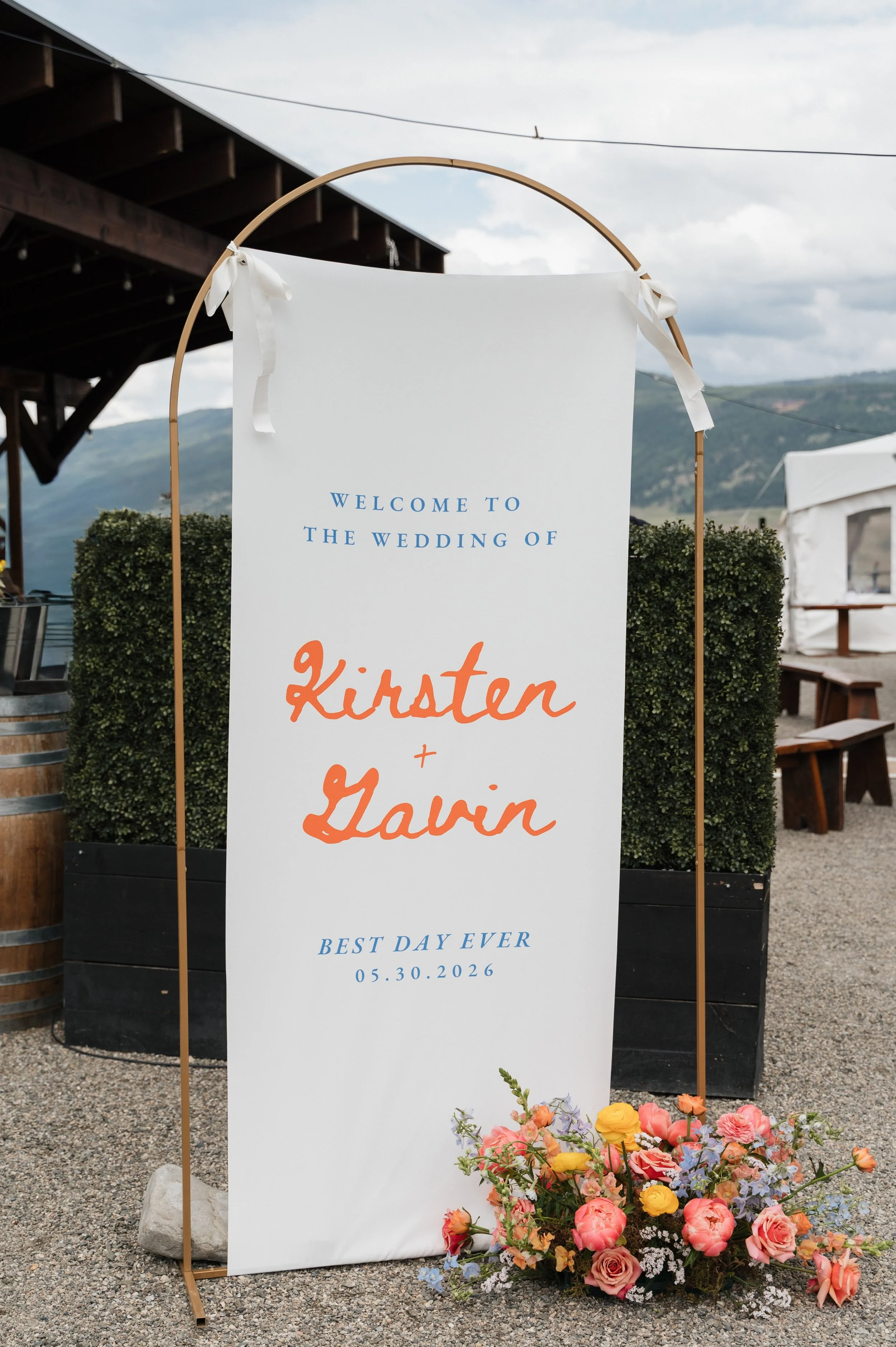 A bright linen welcome sign