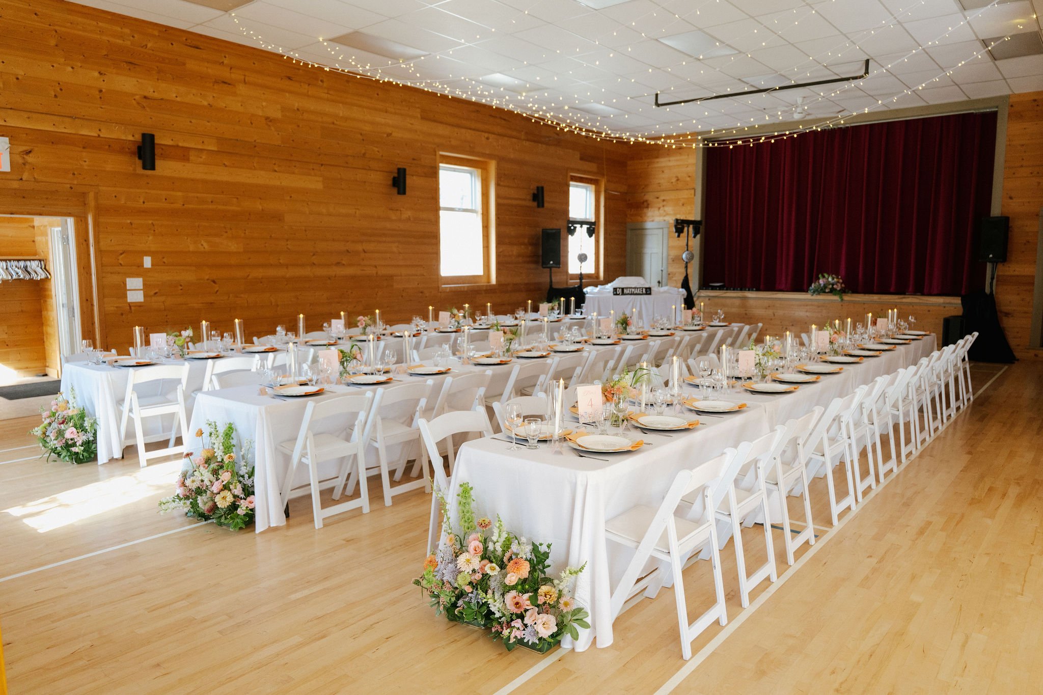 Okanagan Centre Hall decorated for Cat & Cam’s wedding reception 