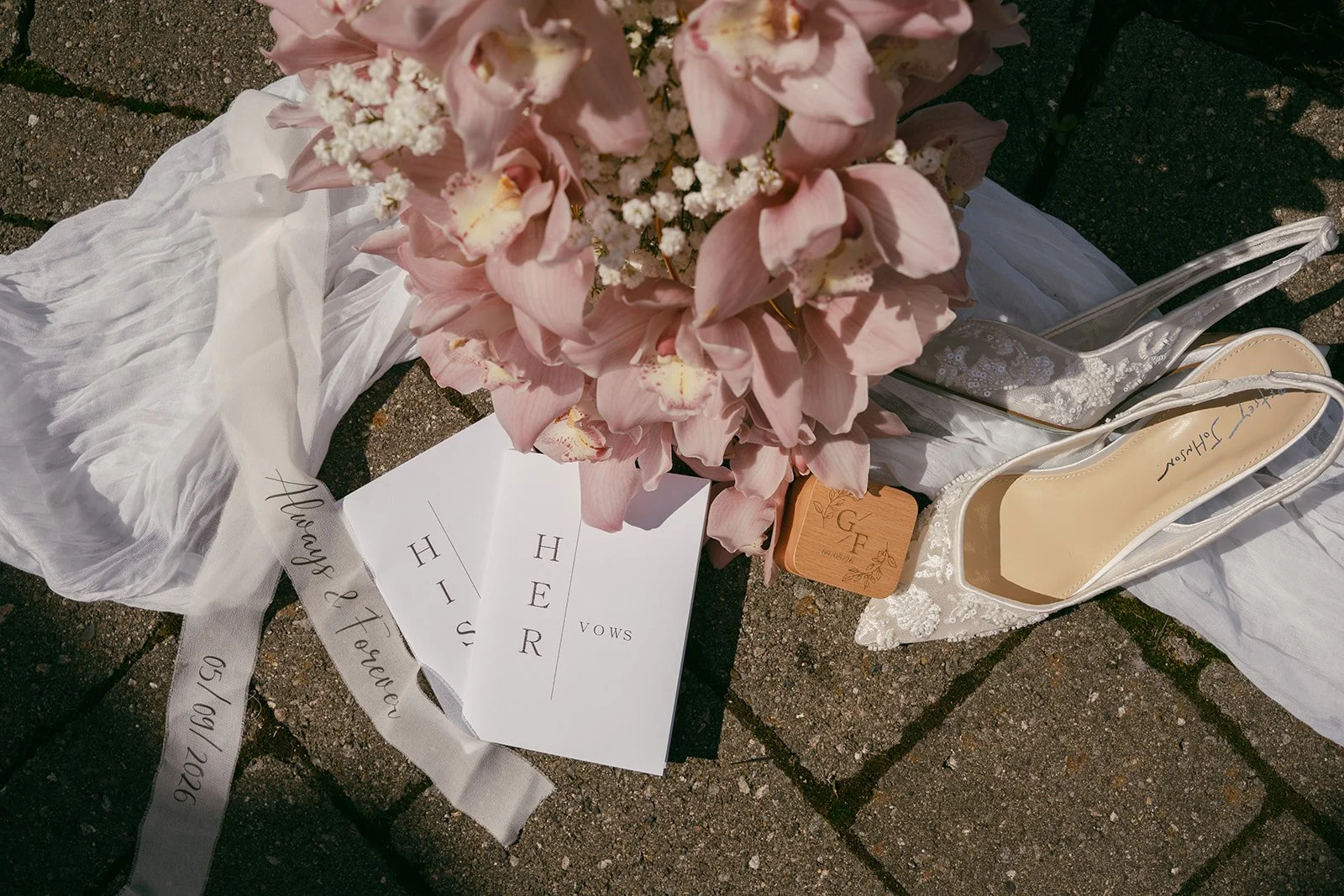 Wedding details and accessories set out on the morning of the wedding