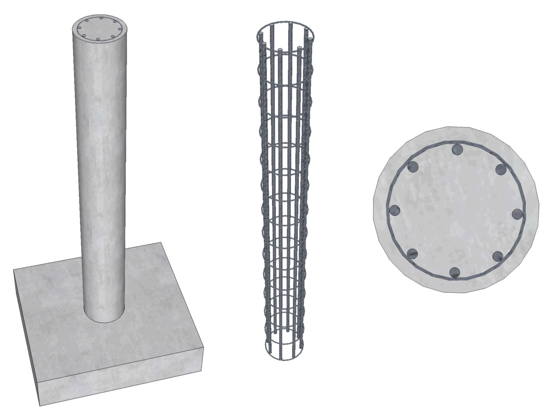 Three different structural steel components: a concrete base with a vertical steel pipe, a cylindrical steel reinforcement cage, and a steel flange plate with evenly spaced bolt holes.
