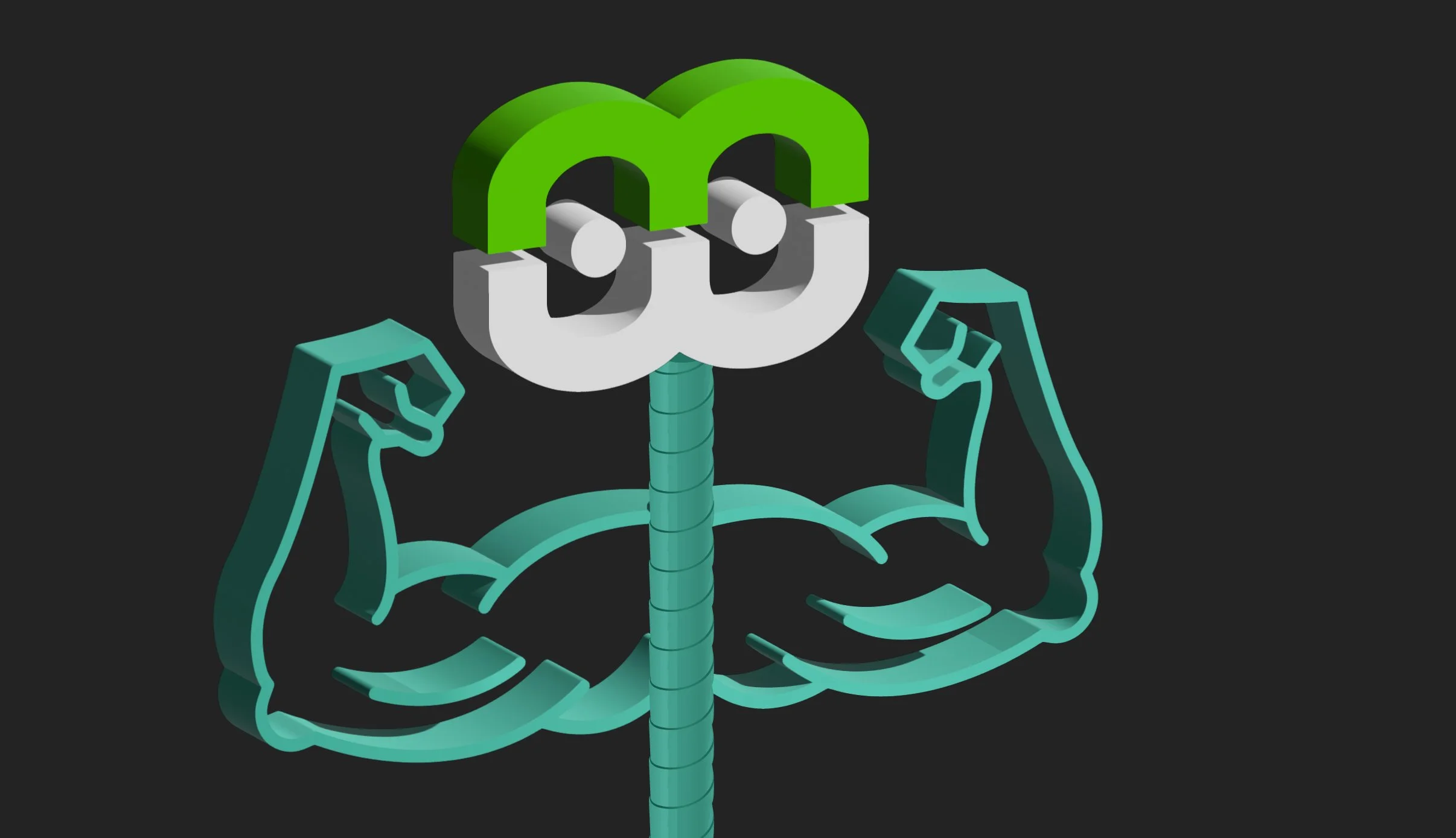 A cartoon illustration of a muscular arm with flexed biceps holding a computer mouse, with a logo resembling a colorful Wi-Fi symbol above it.