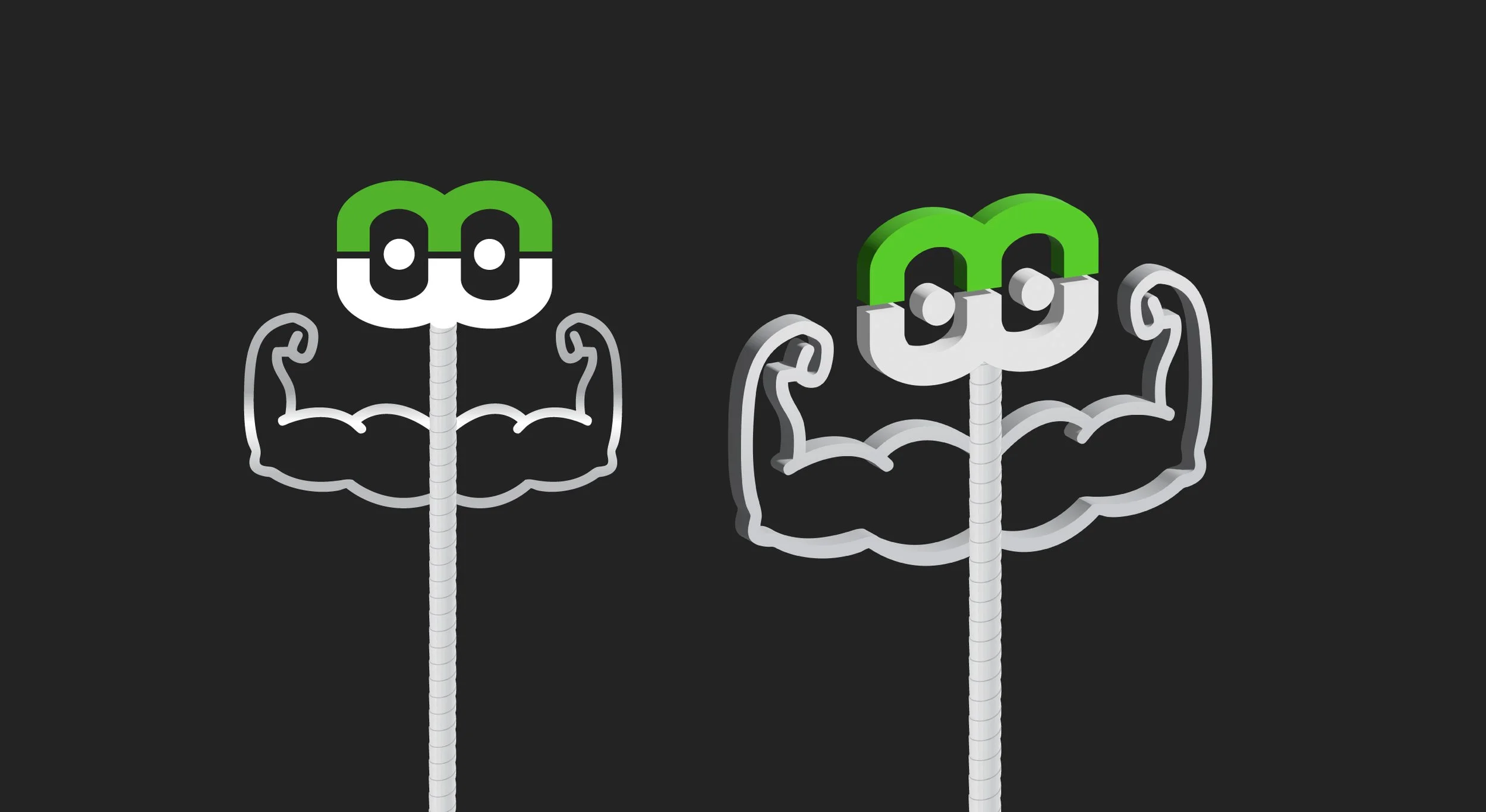 Two cartoonish flower characters with muscular arms, featuring black glasses and green and white faces, set against a dark background.