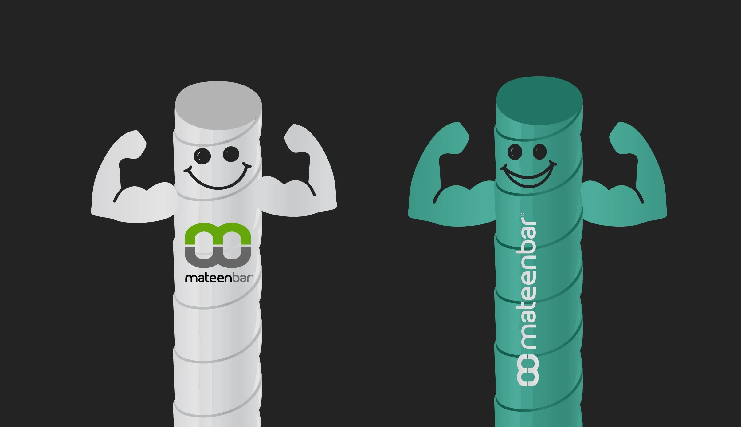 Cartoon muscular capsules with smiling faces and flexed arms, one white with 'mateenbar' logo, one green with 'mateenbar' logo.