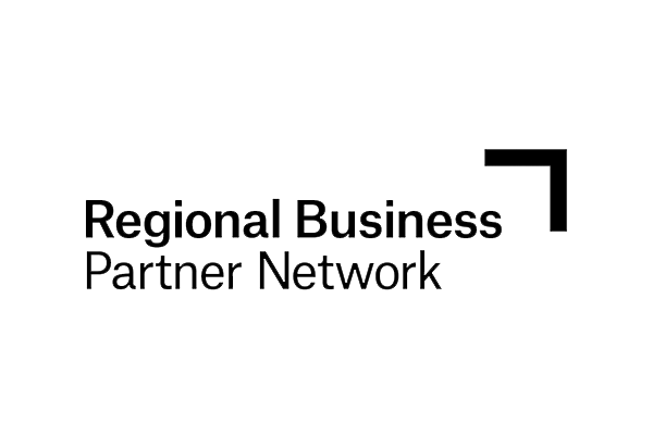 Logo of Regional Business Partner Network with black text and a simple geometric design element on a white background.