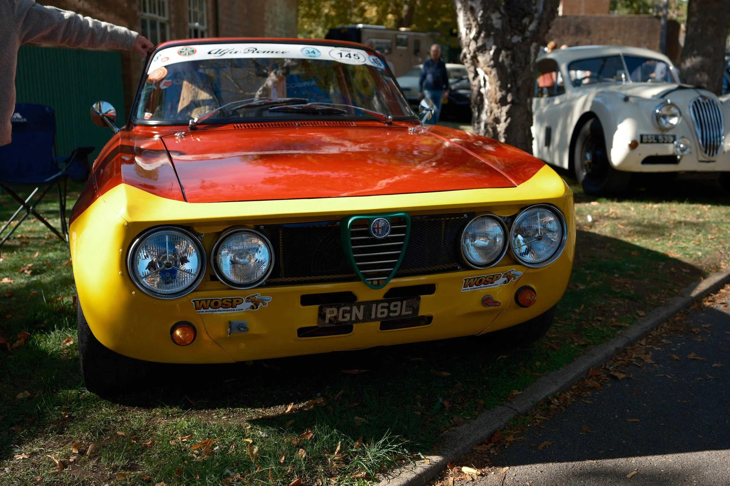A yellow vintage Alfa Romeo race car parked outdoors, with a person pointing at it, and another classic white car in the background, amidst trees and event tents.