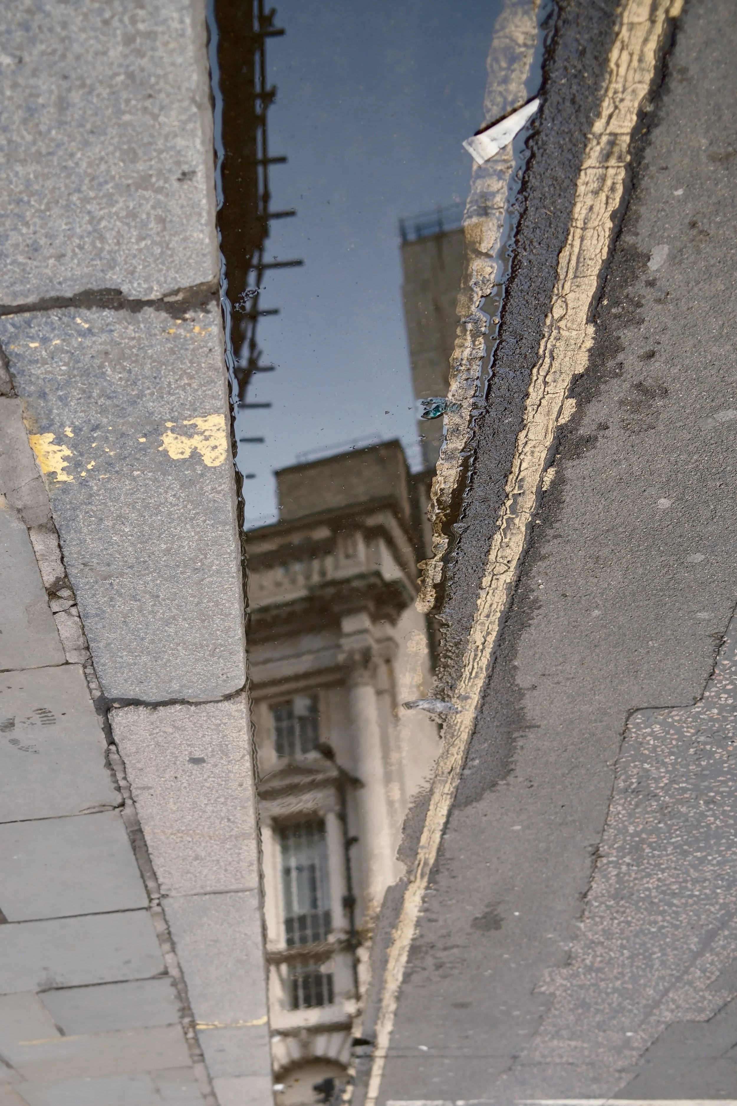 Reflection of buildings in a puddle on a city street, with a brick sidewalk and curb visible