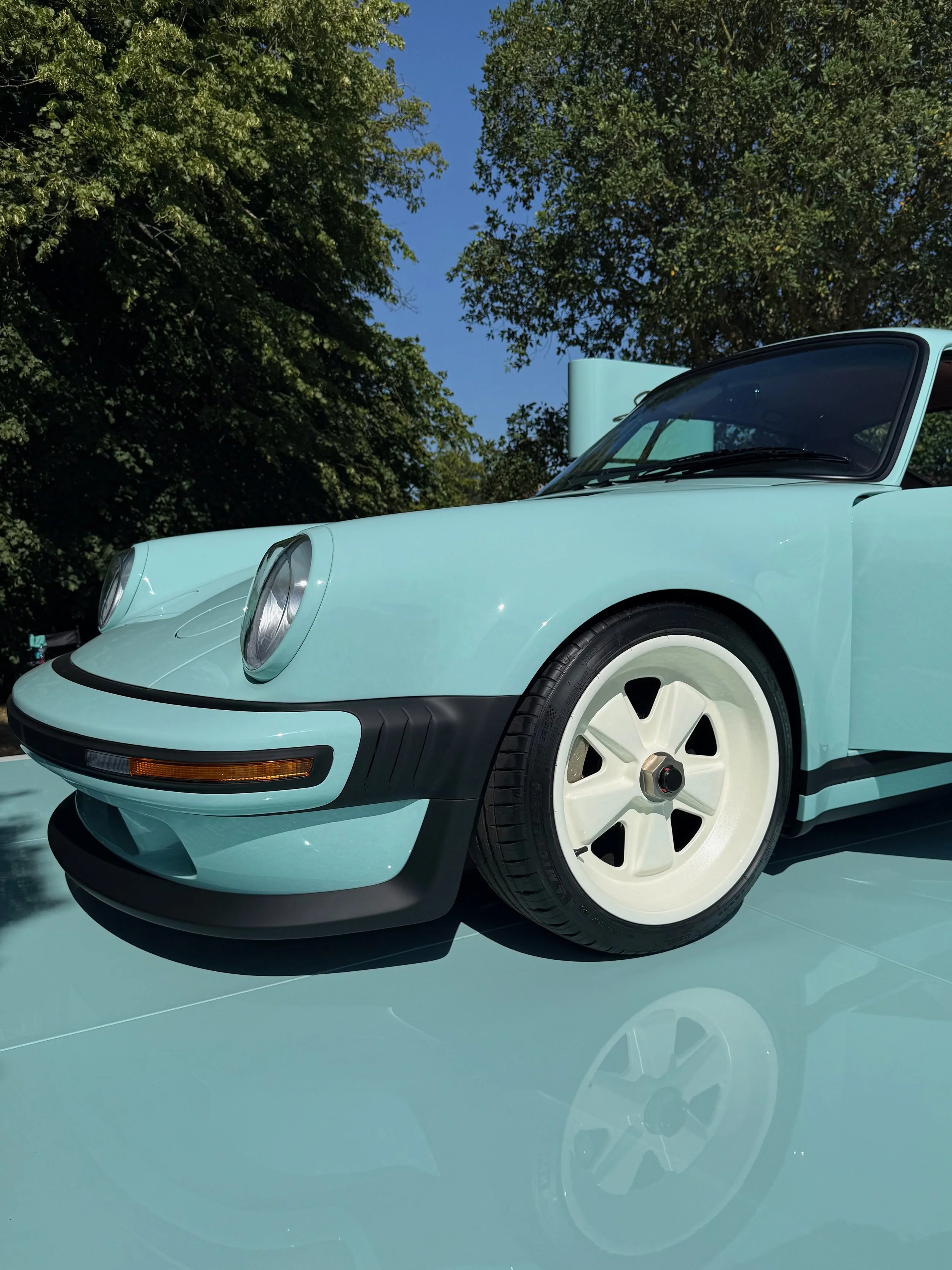 A light blue vintage sports car parked outdoors with trees in the background.