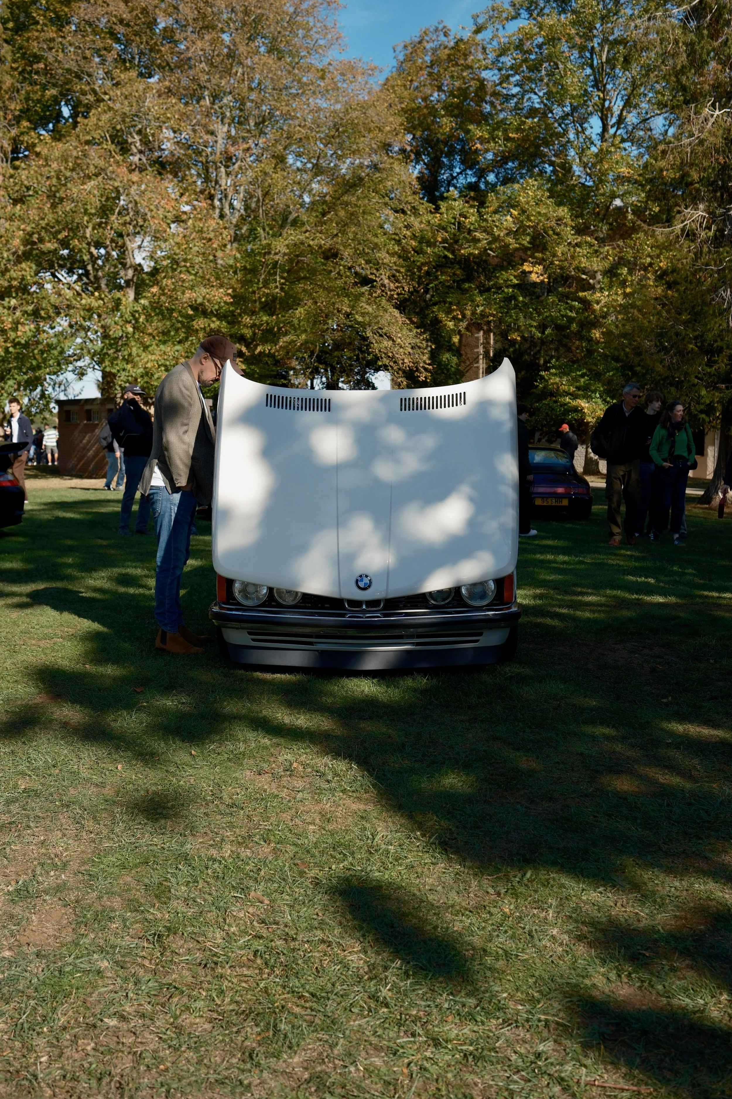 A vintage BMW car with its hood raised, parked on a grassy area at an outdoor event. Several people are standing around, and large trees with autumn leaves are in the background.