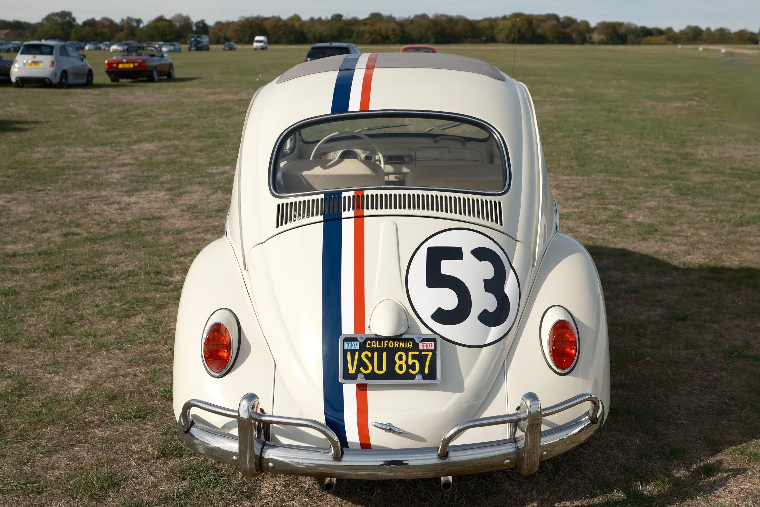 Front view of a white vintage Volkswagen Beetle with racing stripes and a number 53 decal, parked on grass at an outdoor event with other cars in the background.