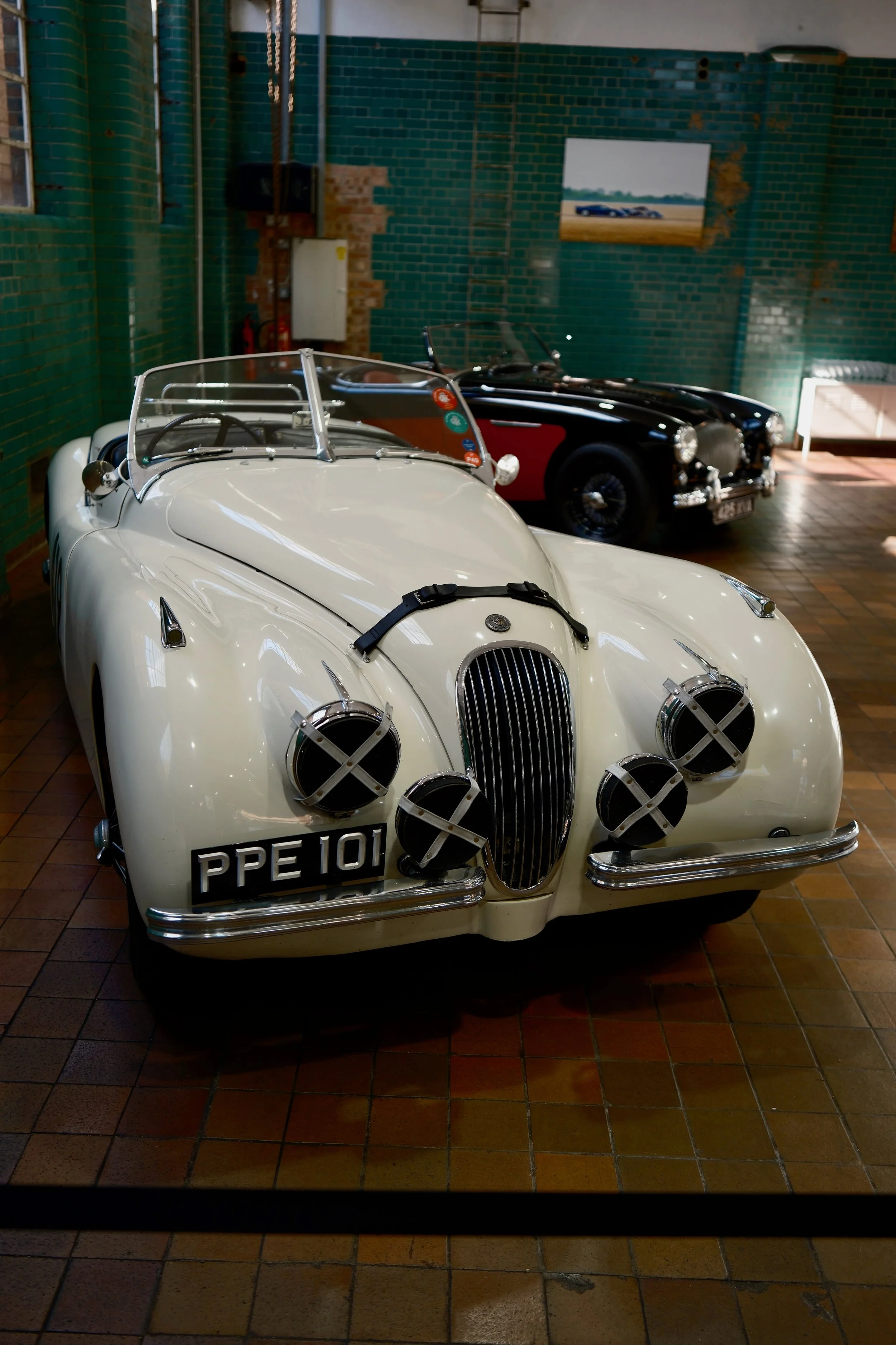 A vintage white sports car with a rounded body, multiple round headlights, and a chrome grille, displayed indoors against green brick walls and wooden floors. Behind it, there is a black classic car with red accents.