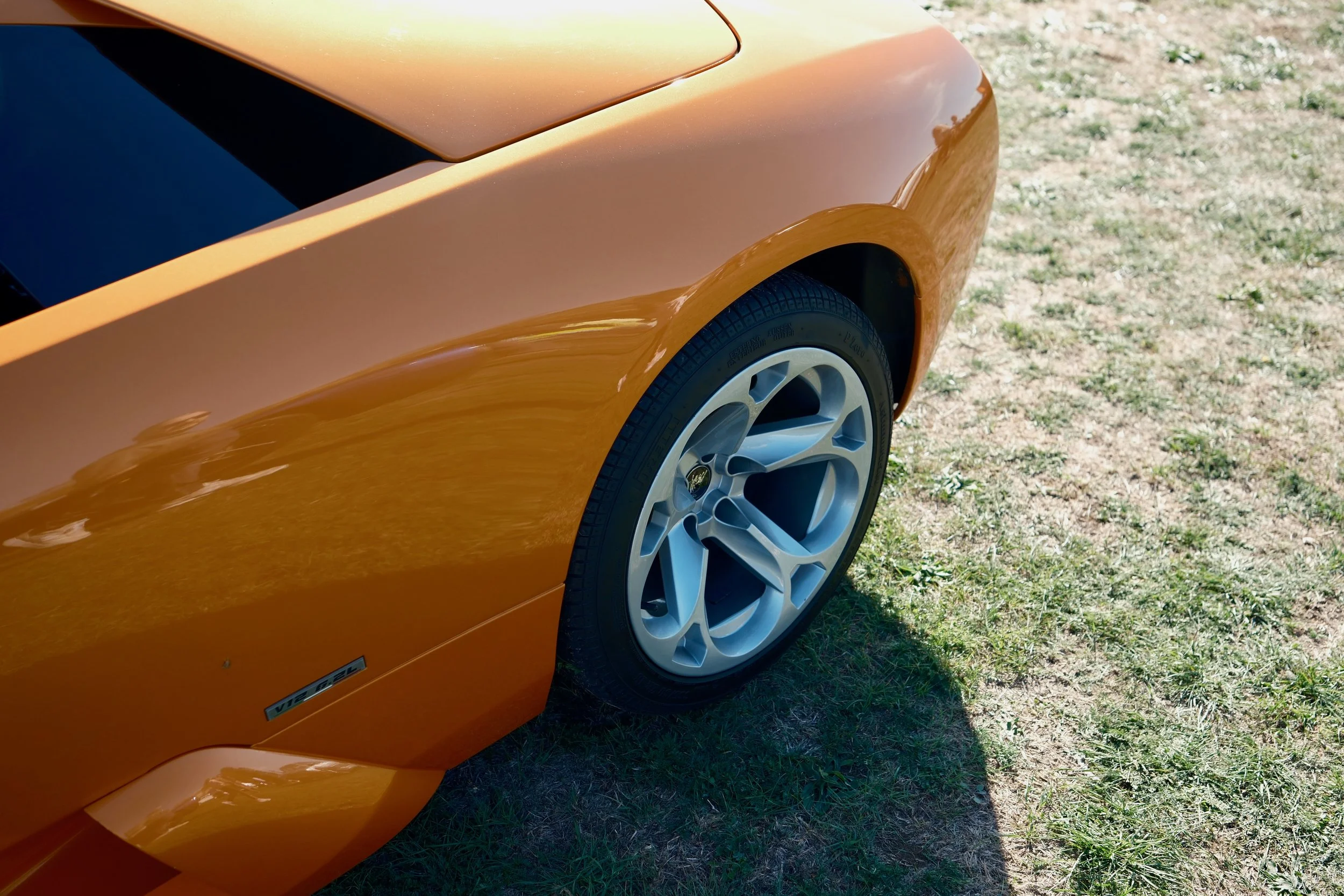 Close-up of the front part of a bright orange sports car parked on grass, featuring a sleek hood and a wheel with a modern rim design.