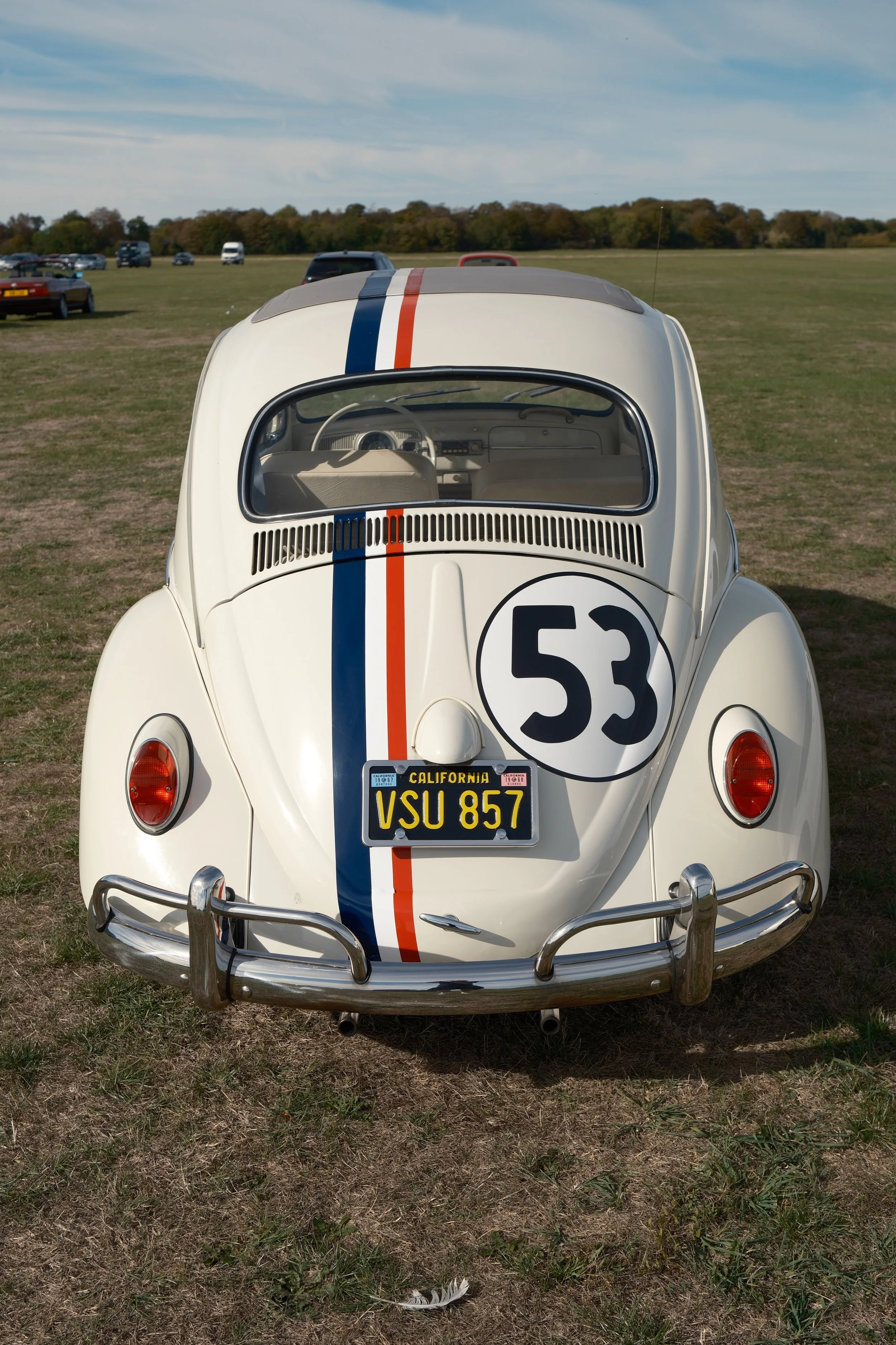 A vintage white Volkswagen Beetle with racing stripes in blue, white, and red. It has a round number 53 decal on the rear and California license plate VSU 857. The car is parked on grass with other cars and trees in the background on a partly cloudy 