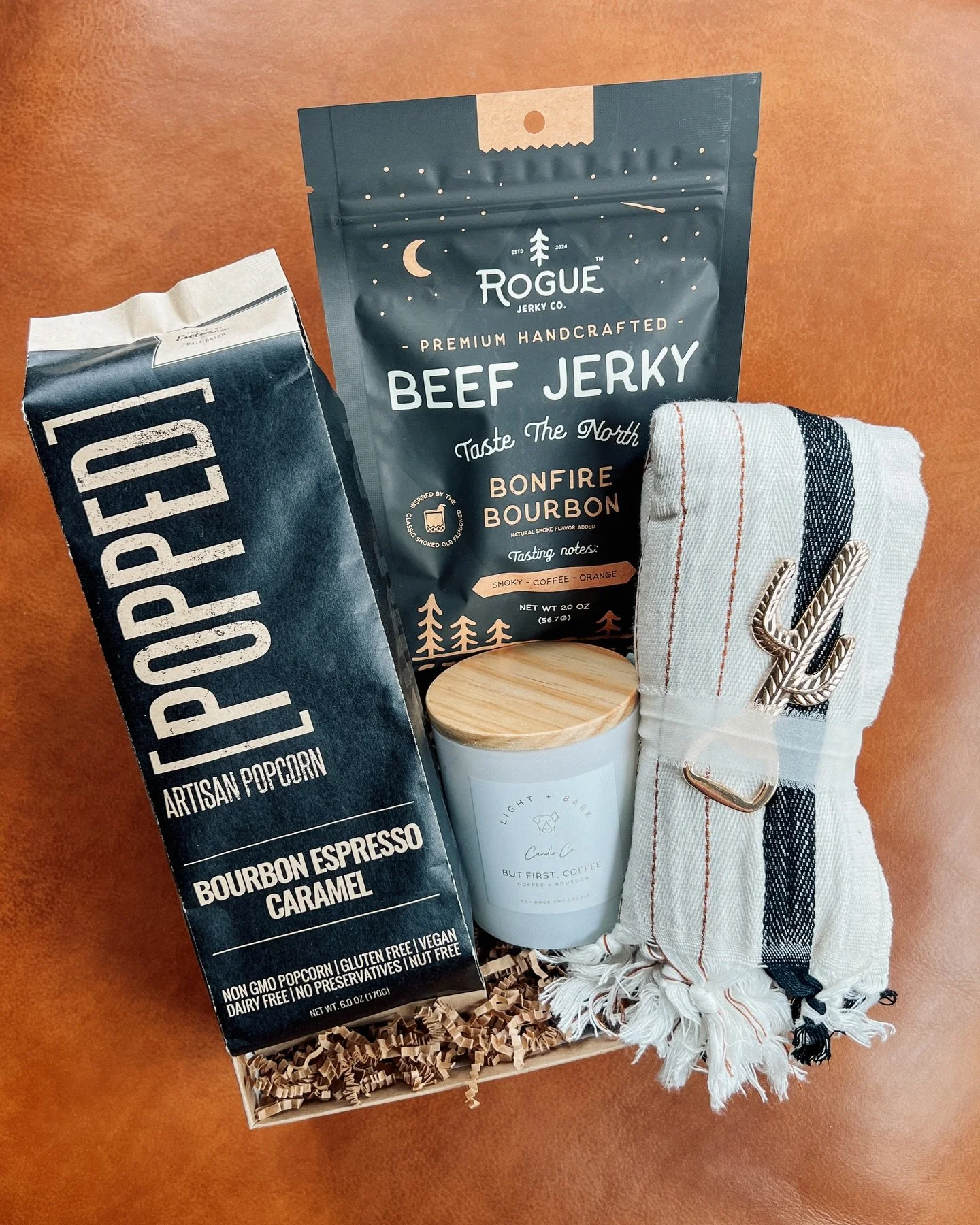 Just added to our ready-to-ship boxes: the &ldquo;Bourbon Hour&rdquo; gift box! 🥃

Inside you&rsquo;ll find bourbon-inspired local and small business items, including a Bourbon &amp; Coffee candle by @lightandbarkcandles , Bourbon Espresso Caramel a