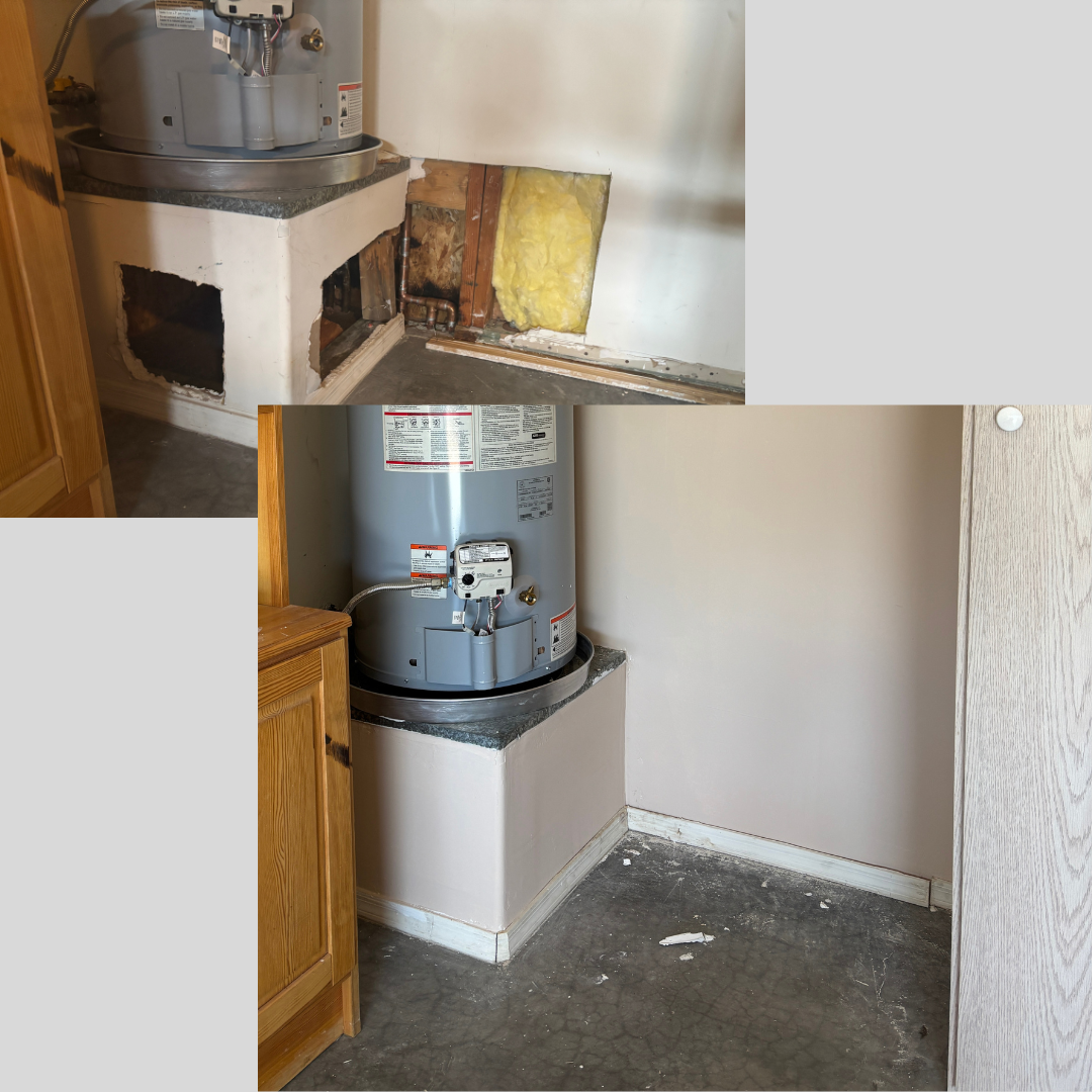 Comparison of a water heater installation before and after replacement. The top shows an old, uninstalled water heater with damaged area around it; the bottom shows a new, installed water heater in the same space.