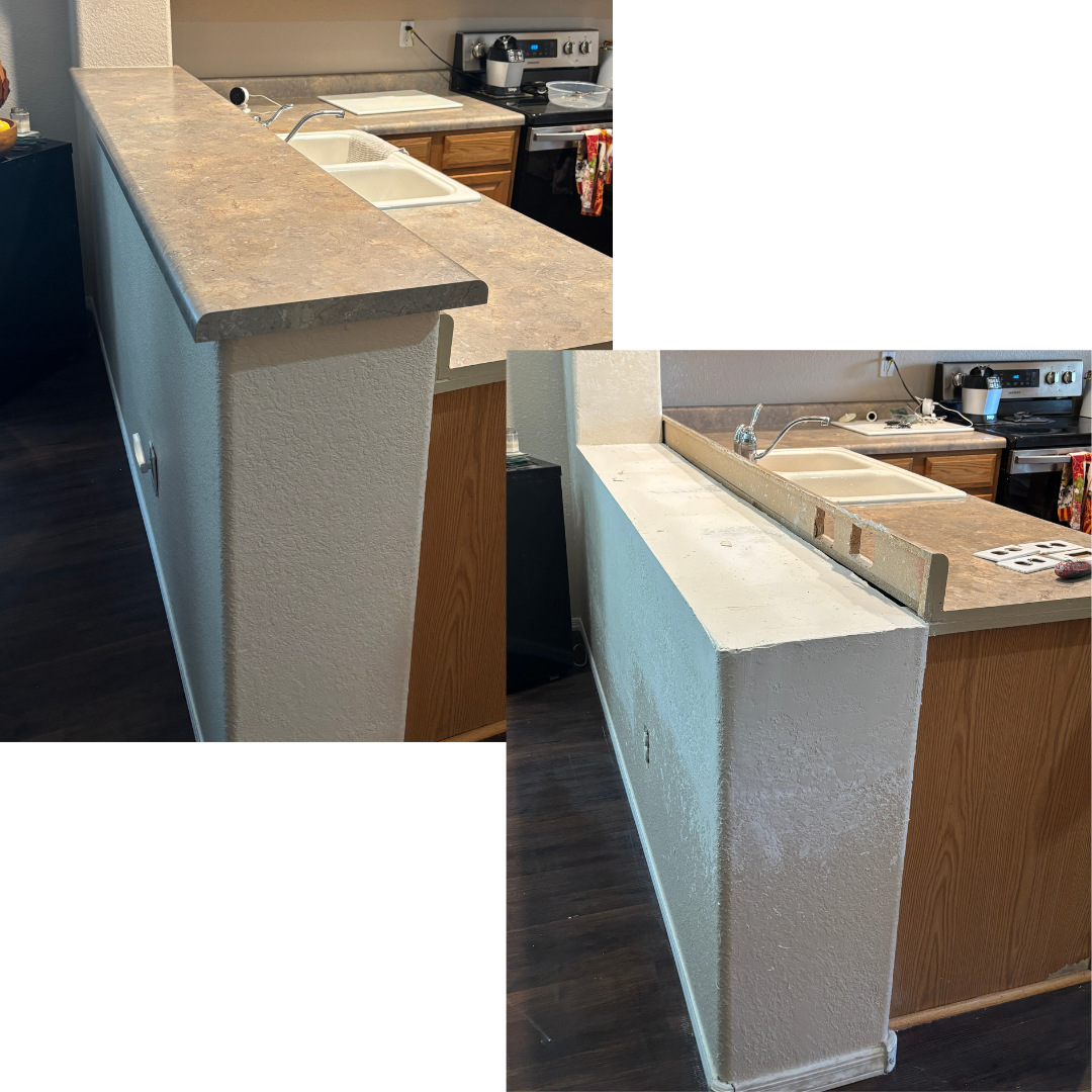 Photo showing a kitchen counter after repair with a new surface, replacing an old countertop. The new surface appears in progress, with visible gaps and unfinished edges, contrasting with the older finished countertop. The kitchen features a sink, st