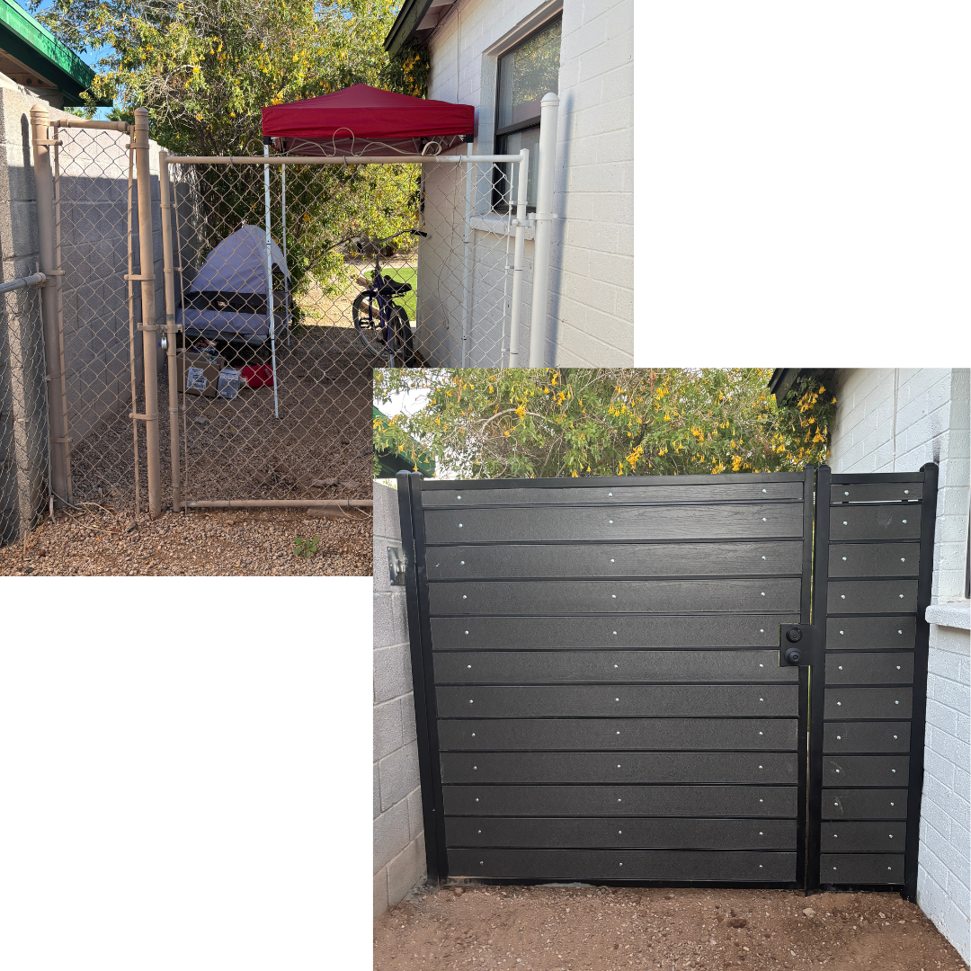 Comparison of two fences: the top image shows an old chain-link fence with a red canopy and some equipment behind it; the bottom image shows a new, modern black wooden gate installed where the chain-link fence used to be.