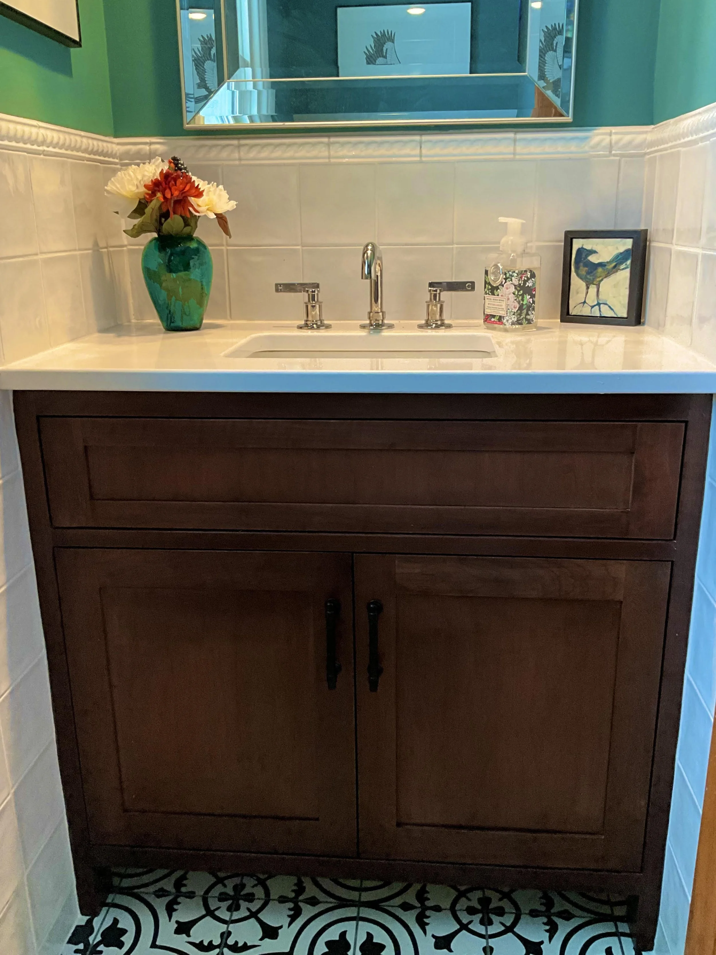 Cherry vanity and tile work - this was part of a full bathroom remodel by Distinct Grain Custom.