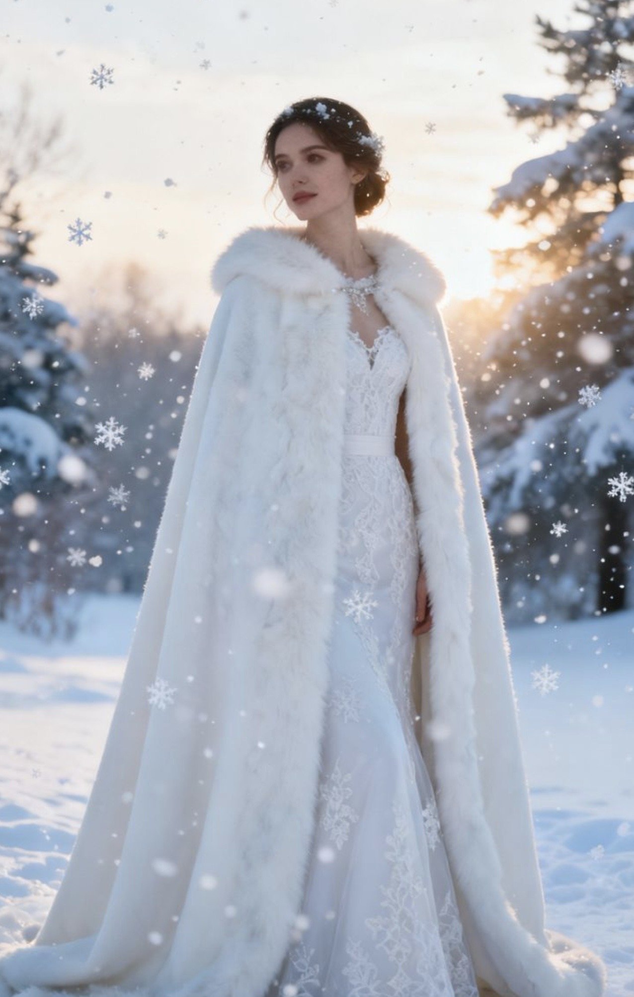 Bride posing in the snow in a faux fur cloak.