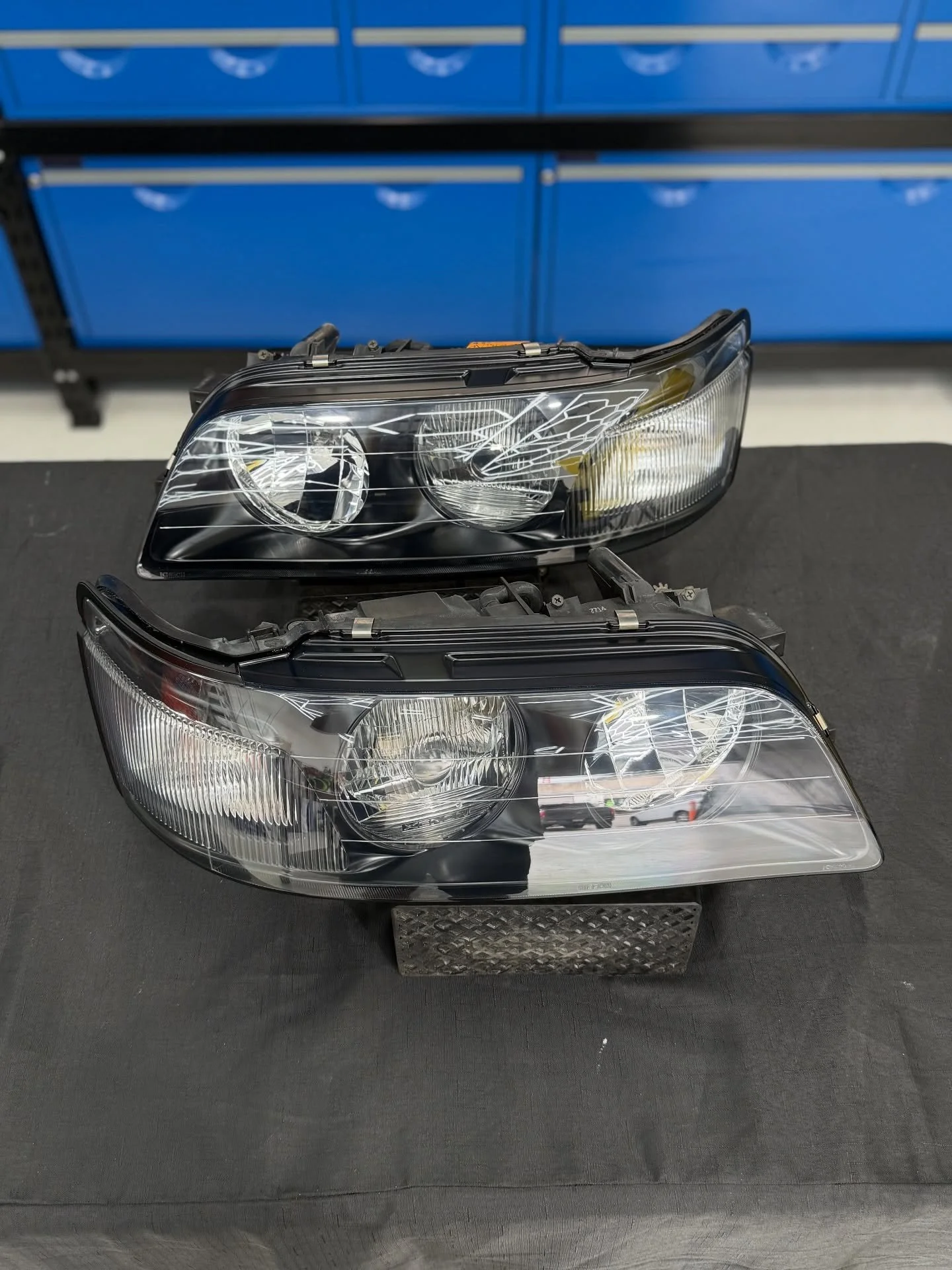 We had the pleasure of restoring this pair of headlights for @thirdstrikeben &lsquo;s Nissan Laurel project, a true work of art in the making now sporting a little sprinkle of Koguma Garage! 
.
.
- Headlights fully split 
- Lens faces restored and UV